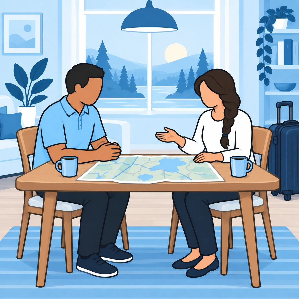 The couple sits down at the table to talk through their plans.