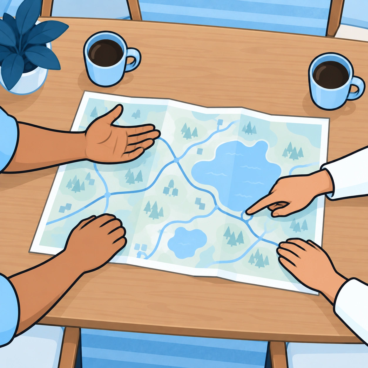Two pairs of hands gesture toward different areas of a travel map.
