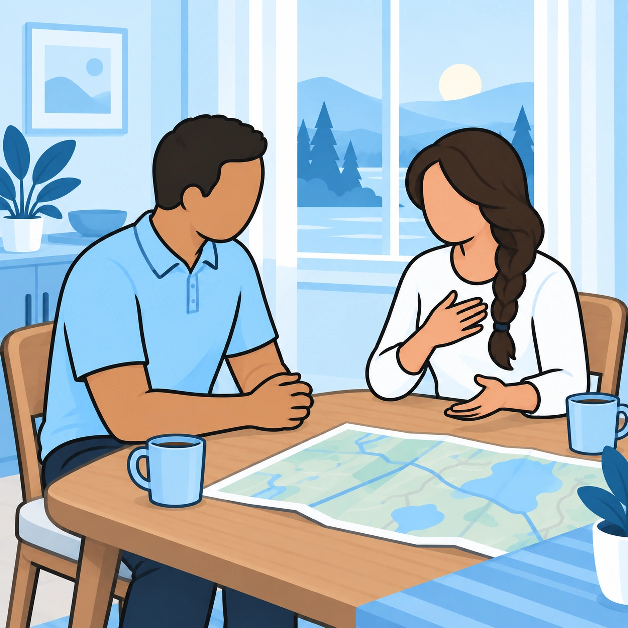 The man listens as the woman explains a concern across the table.