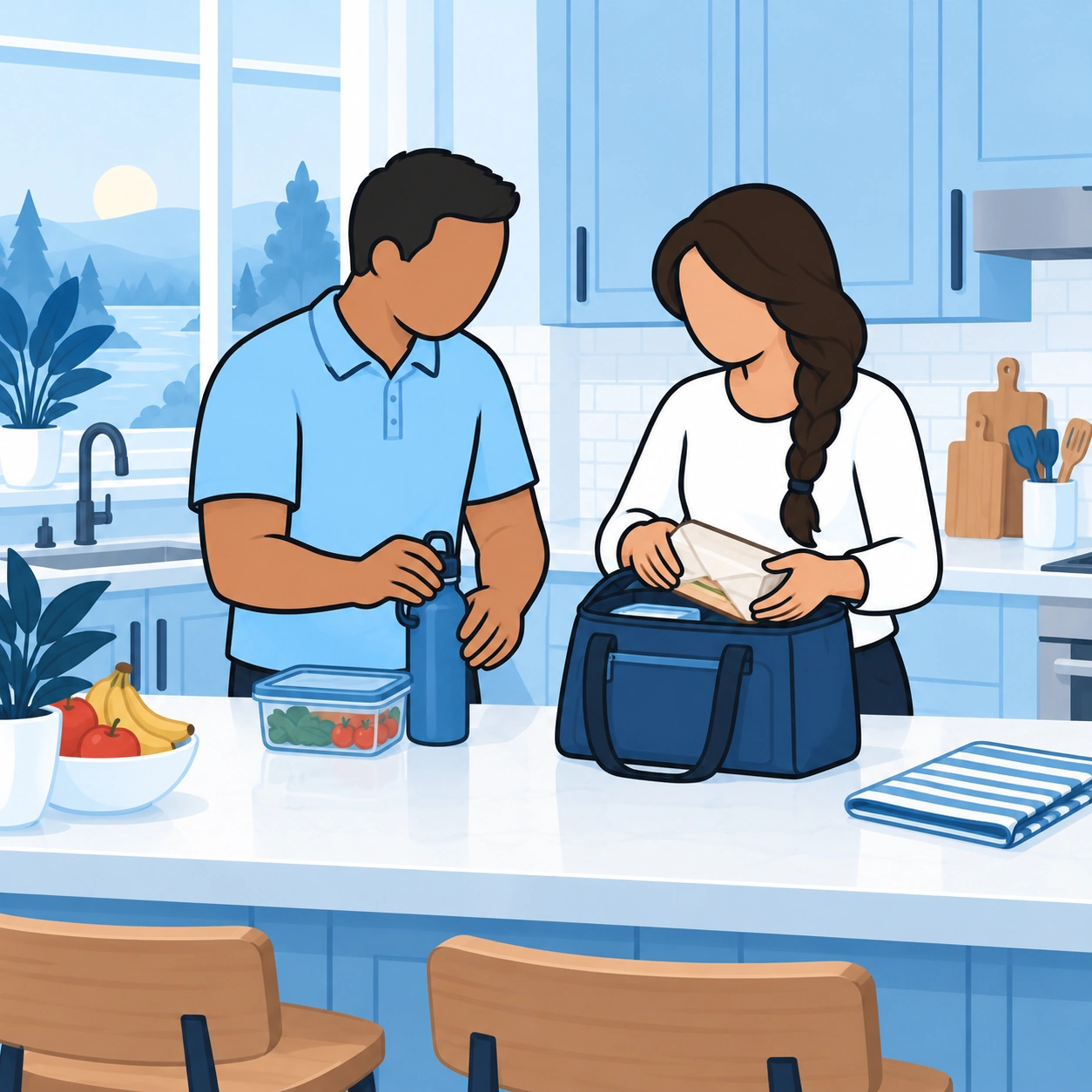 The couple packs a sandwich and water bottle into a picnic bag together.