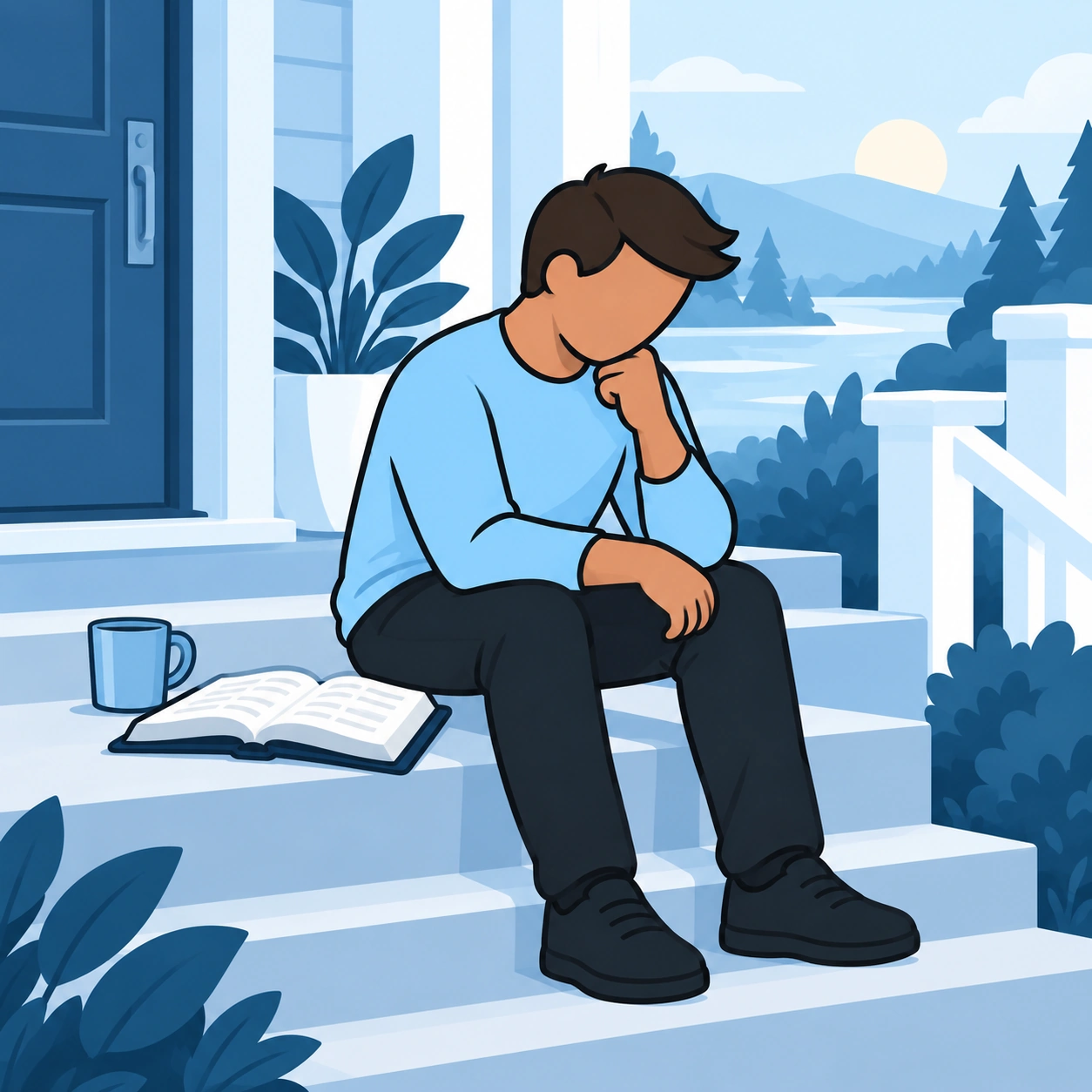 A man sits on steps beside an open Bible, looking thoughtful.