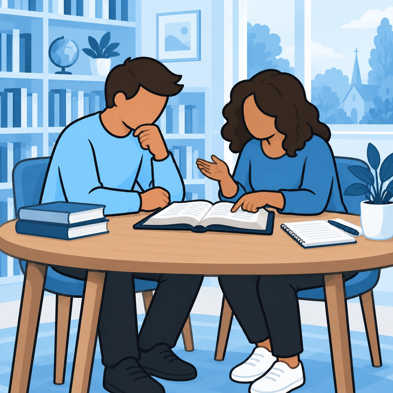 He discusses a Bible passage with a woman at a library table.