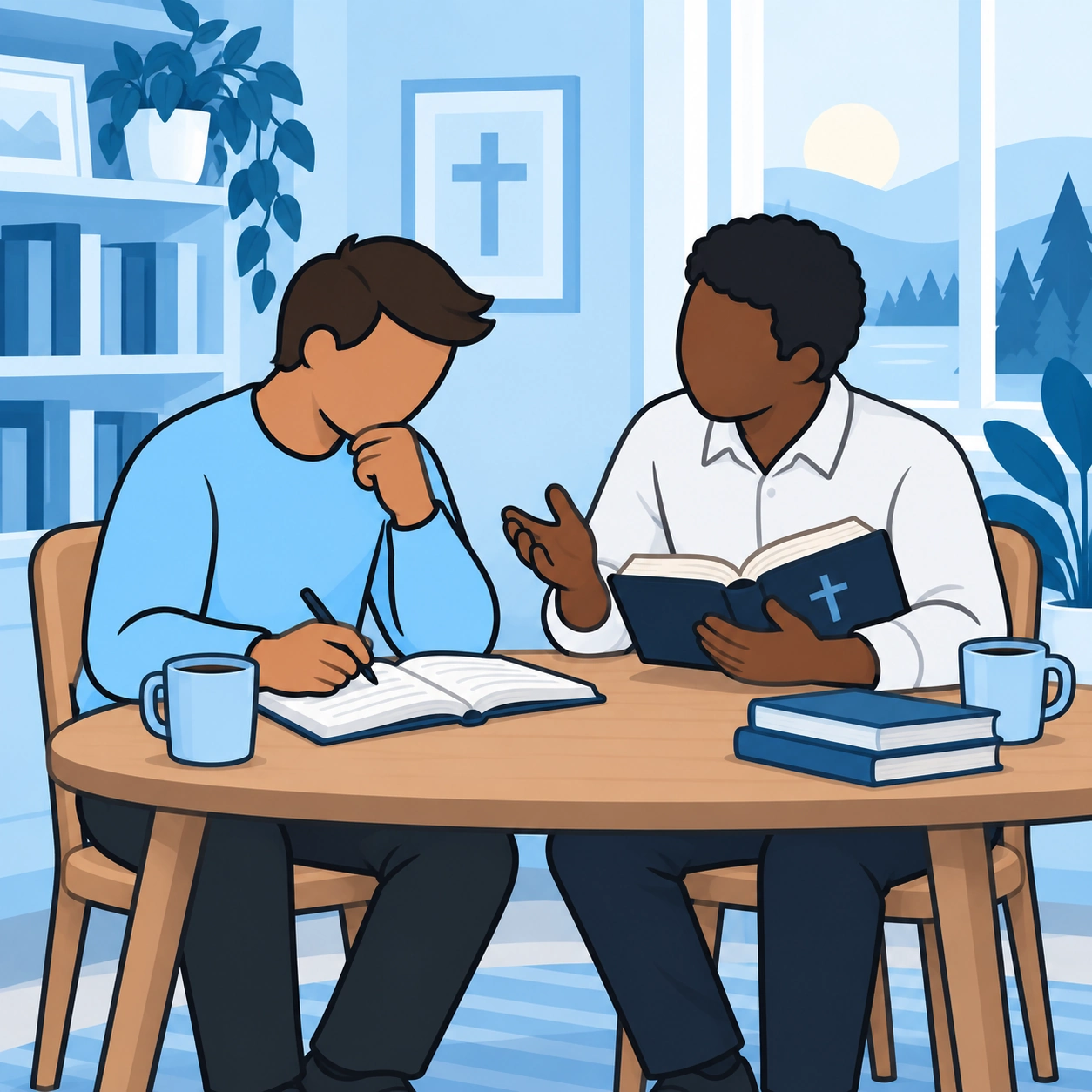 He studies a Bible and notes with another man.