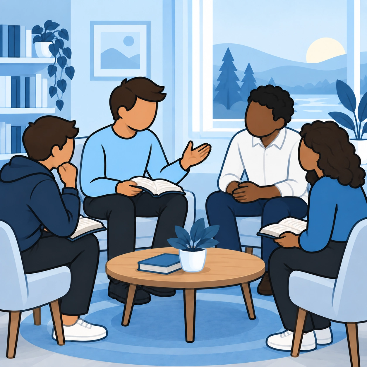 He asks a question while sitting in a circle with other people.