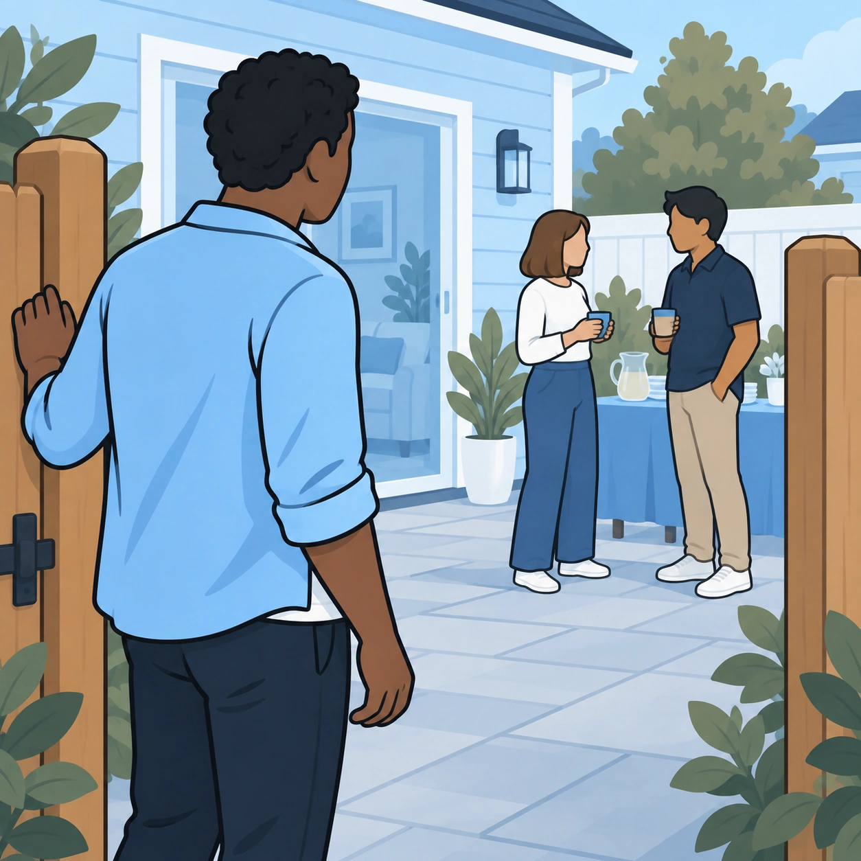 A man pauses at a garden gate before joining two guests at a backyard gathering.