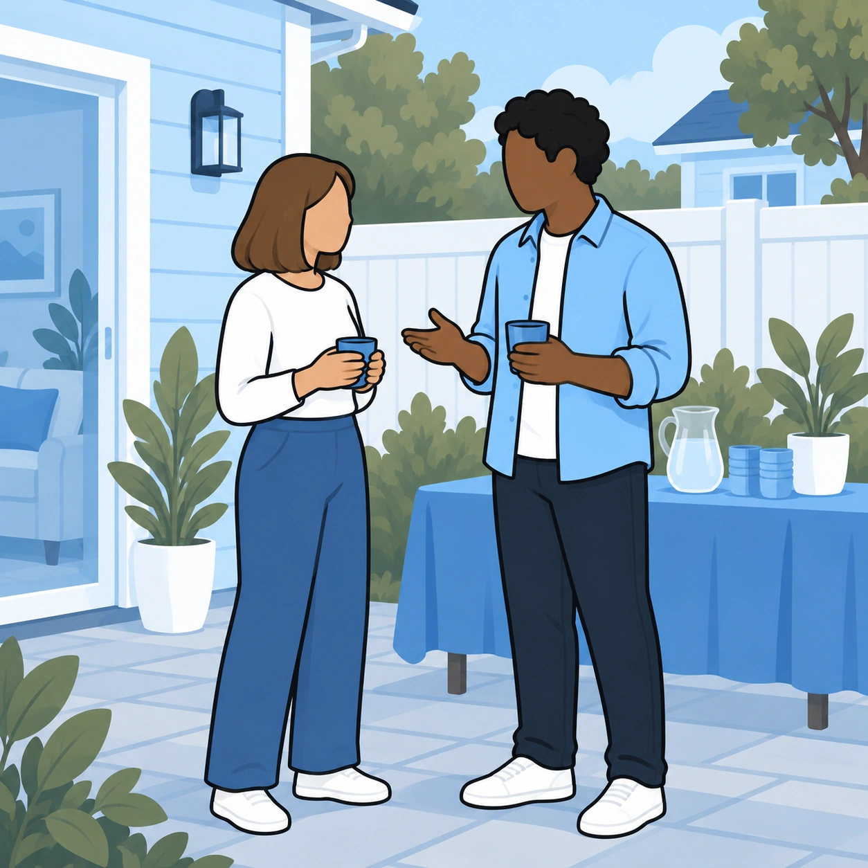 The man begins a relaxed conversation with a woman beside the drinks table.