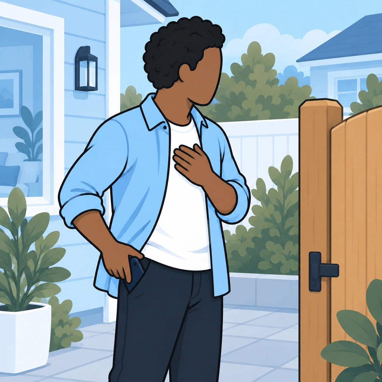 The man puts his phone away and takes a quiet breath beside the garden gate.