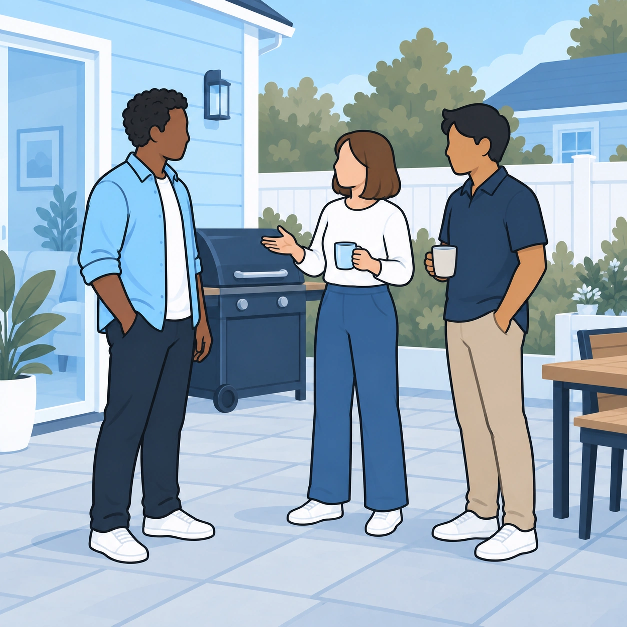 The man joins an inclusive conversation with two guests near the barbecue.