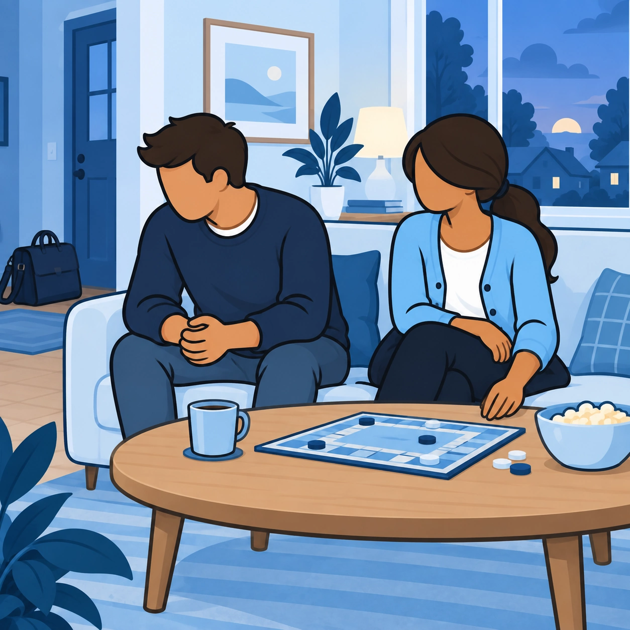 A man sits tensely beside a woman on a sofa with a board game in front of them.