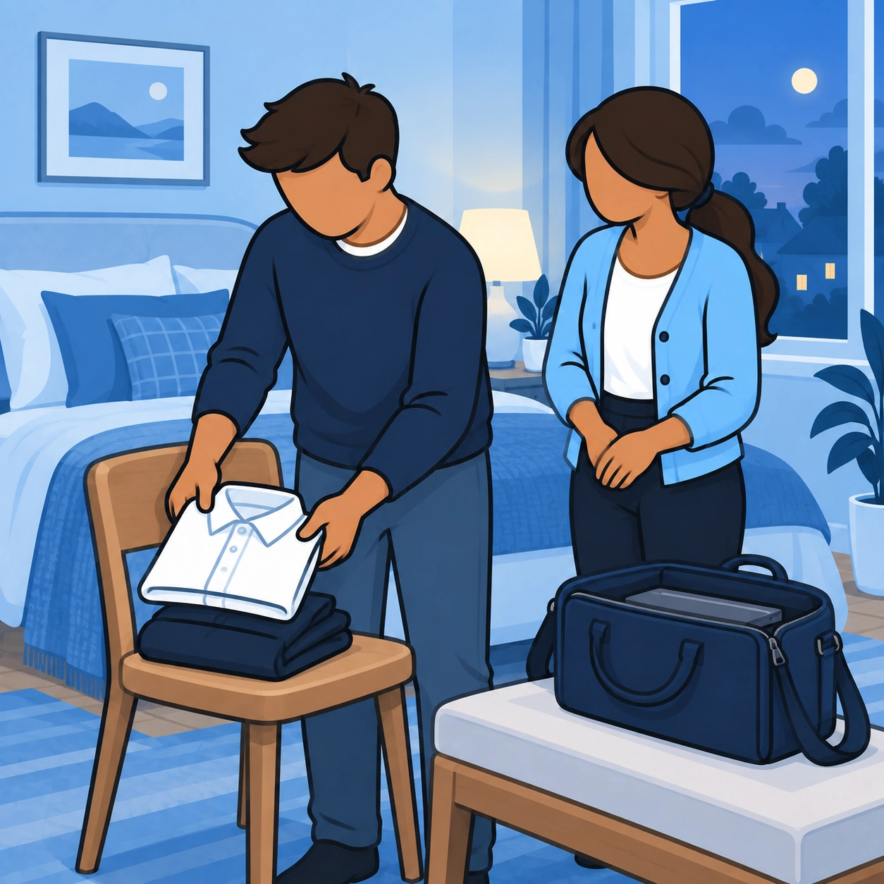 He prepares a shirt and work bag while the woman stands nearby.