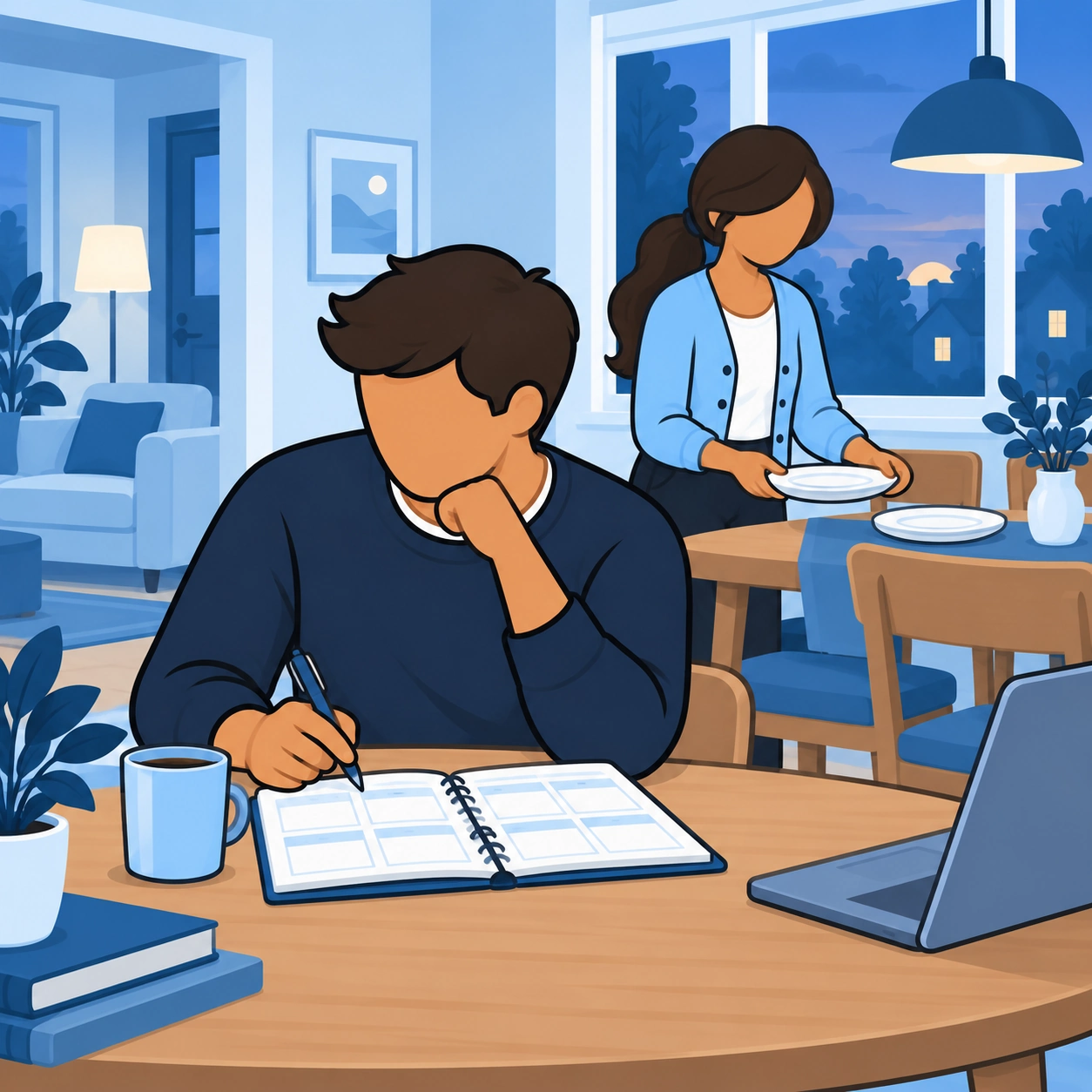 He studies a calendar as the woman sets the table.