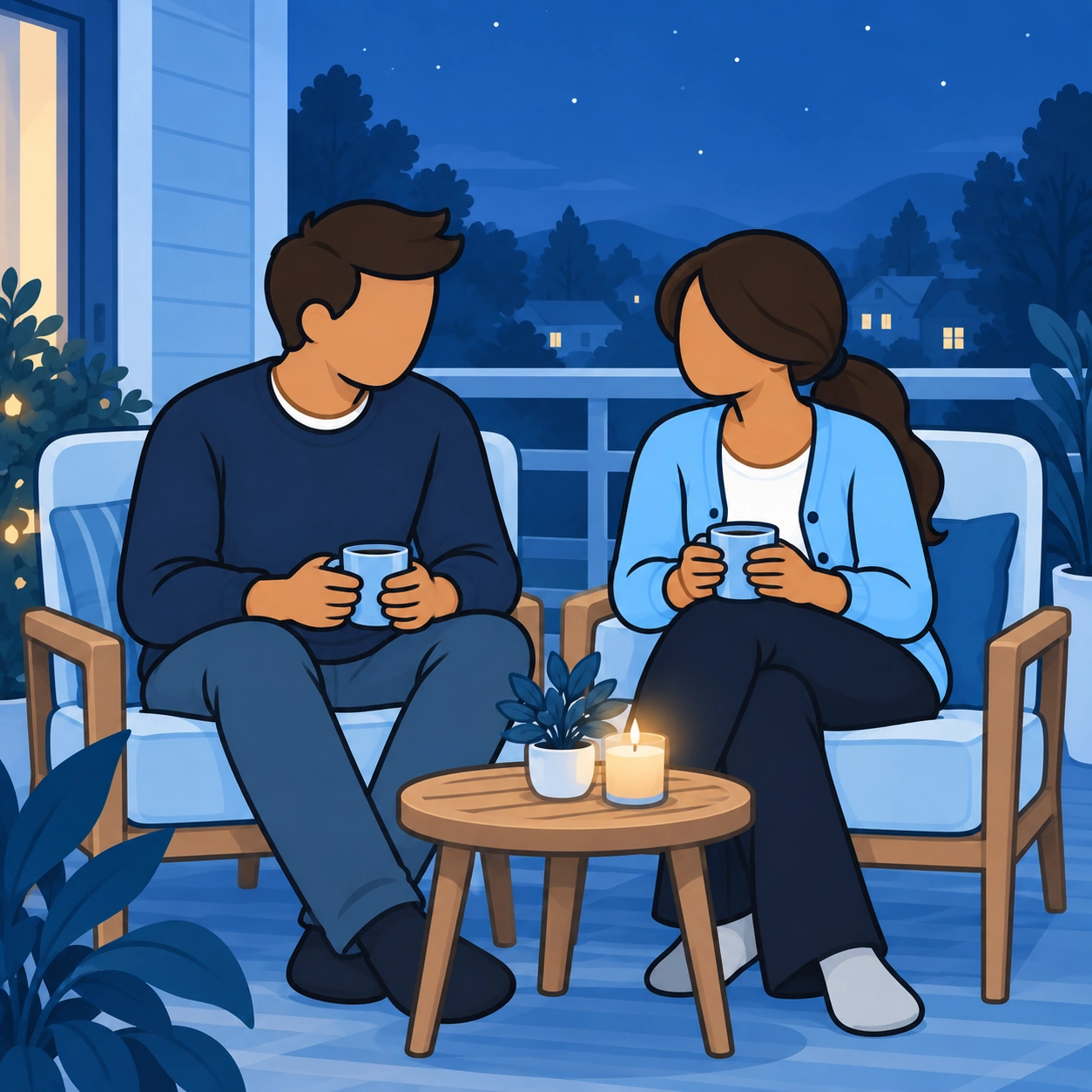 The two sit on a balcony with mugs after dark.