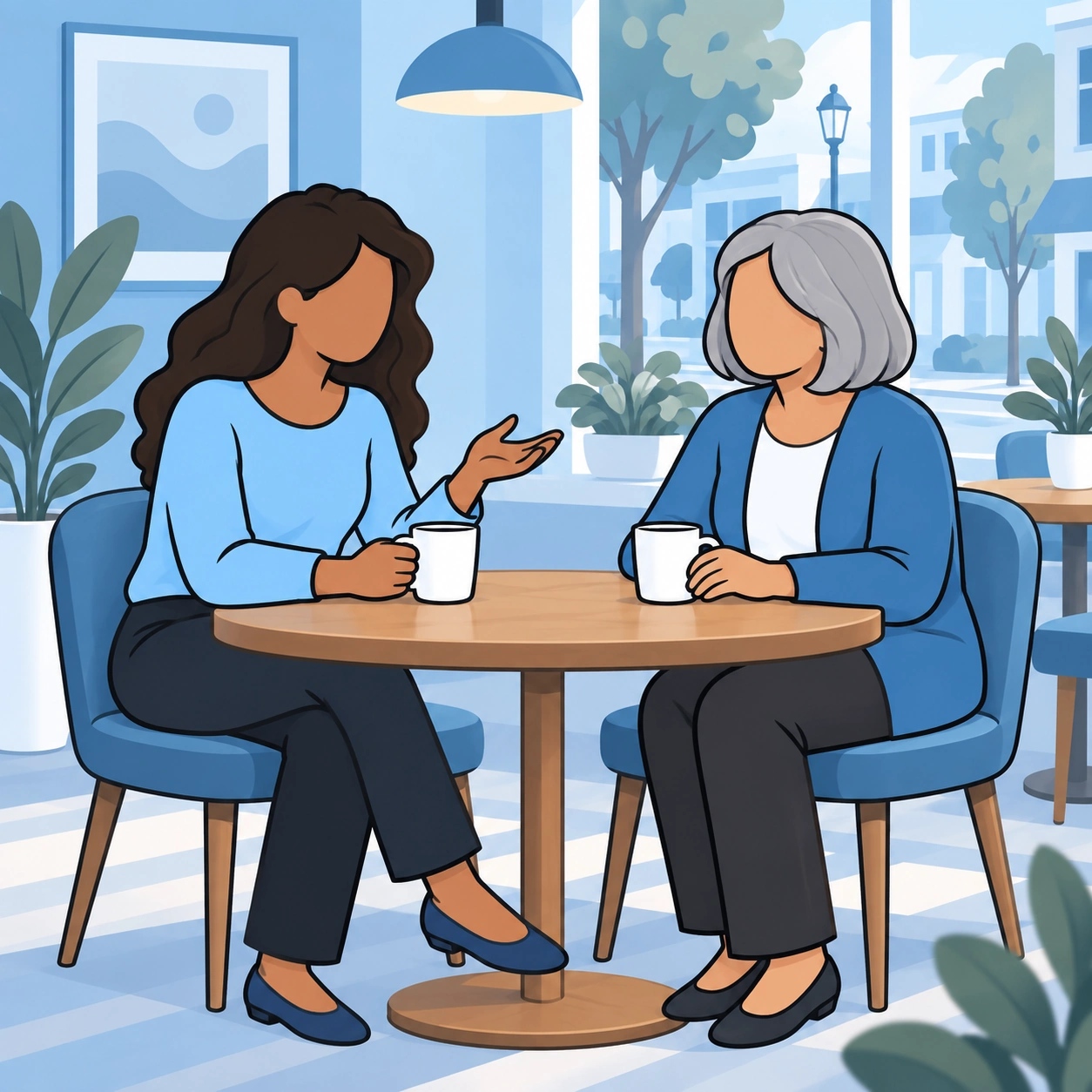 A woman speaks with an older silver-haired friend across a café table.