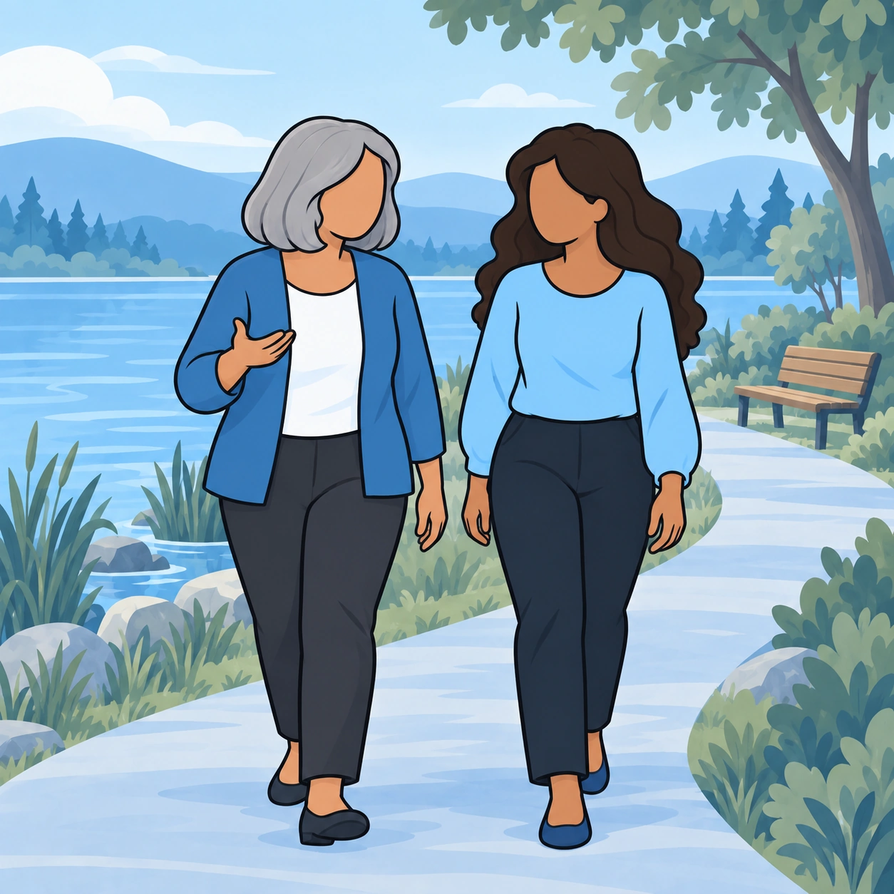 The same two women talk while walking beside a lake.