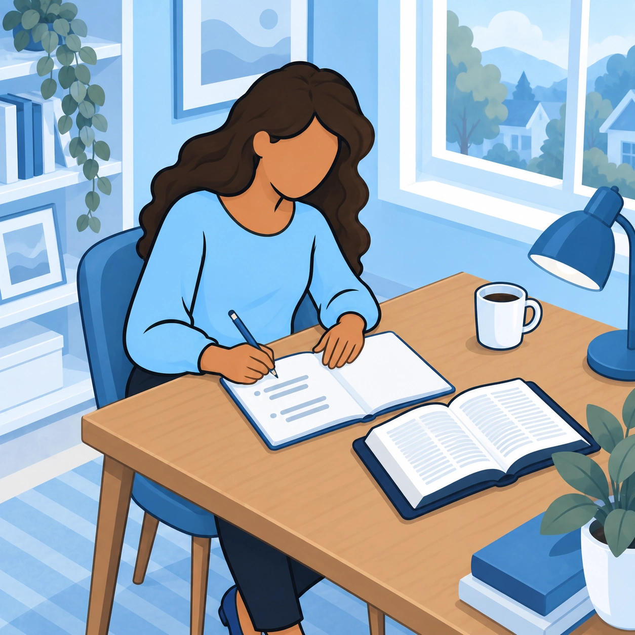 The woman writes brief notes about the support she needs beside an open Bible at home.