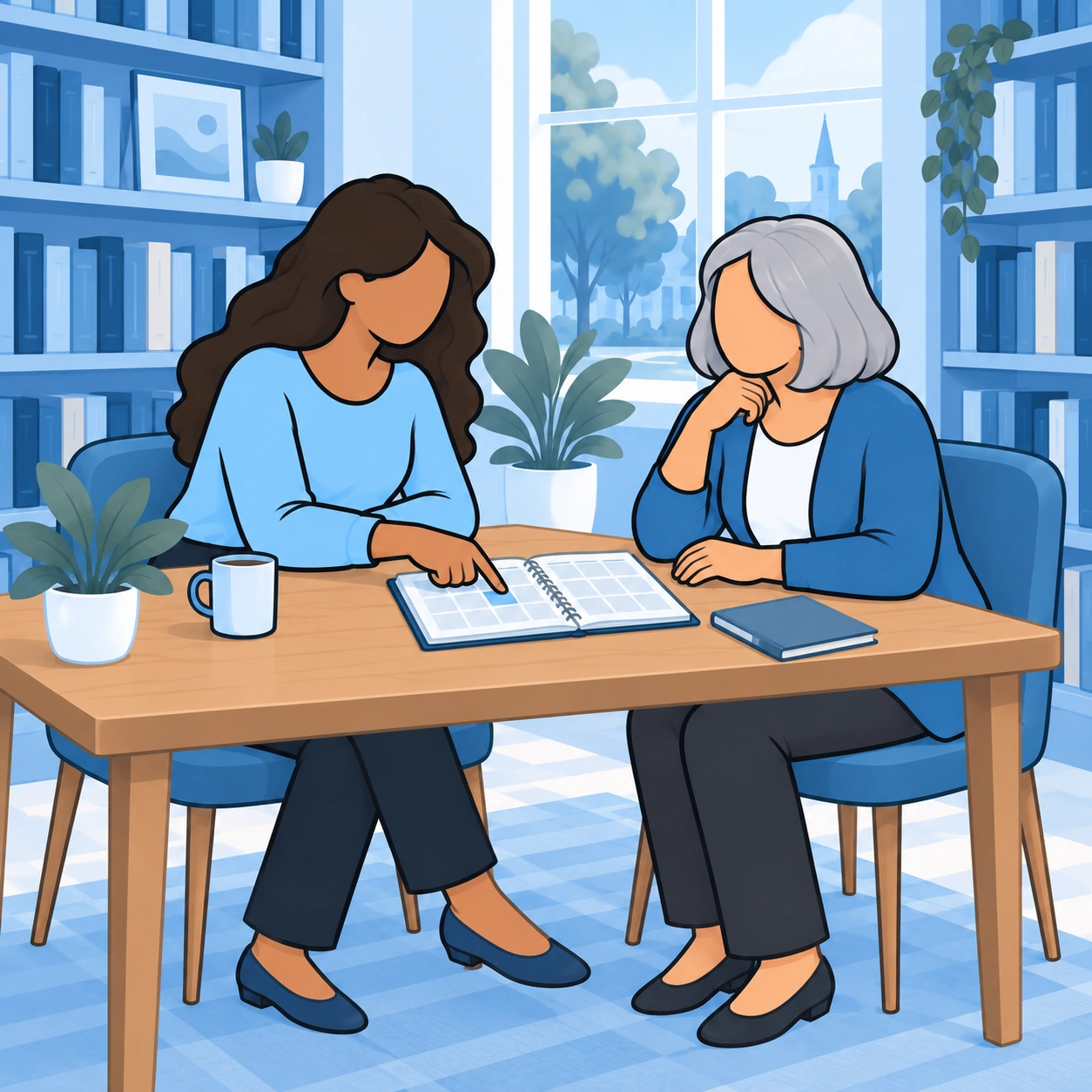 The two women discuss a check-in time using an open planner at a library table.