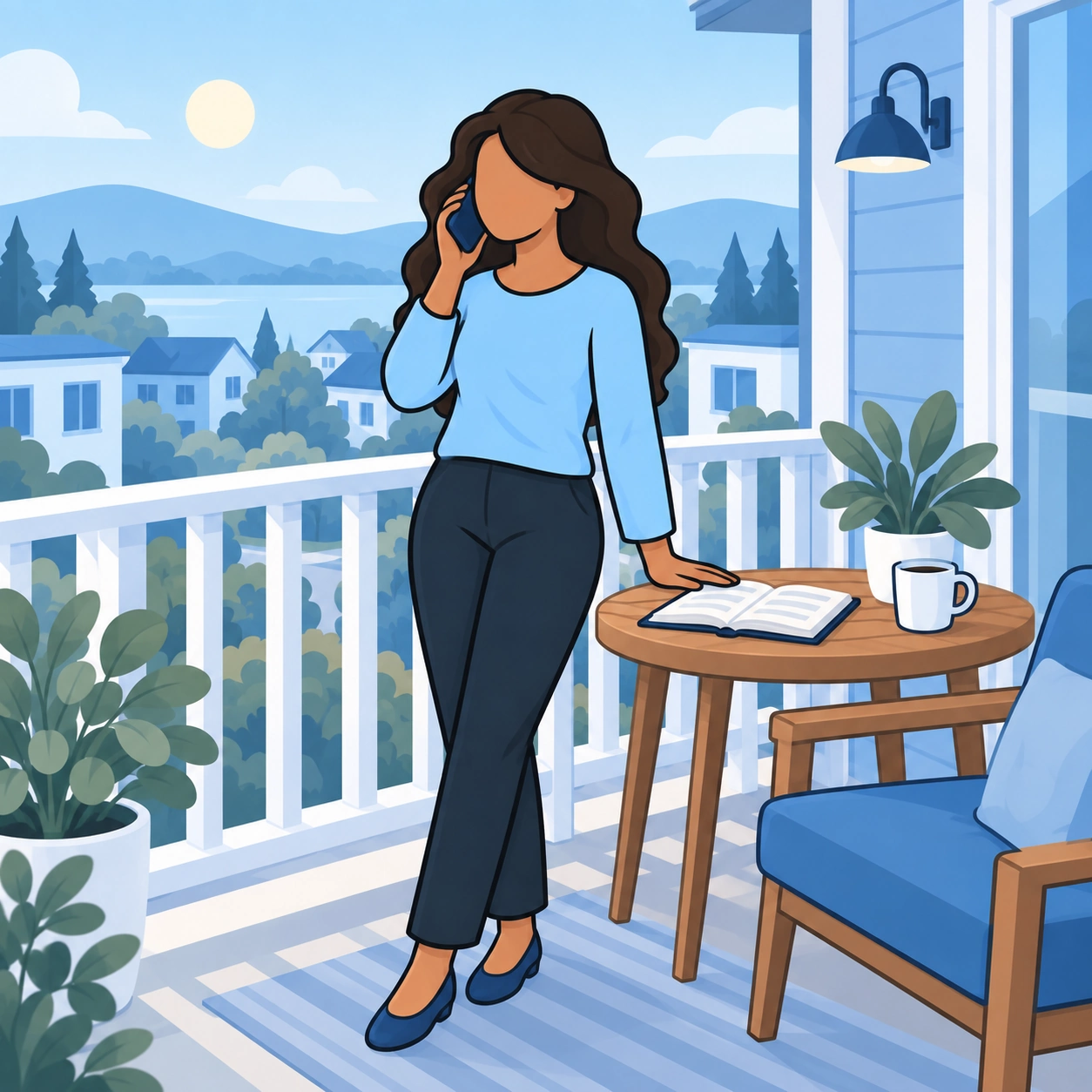 The woman makes a phone call from her balcony with an open notebook nearby.