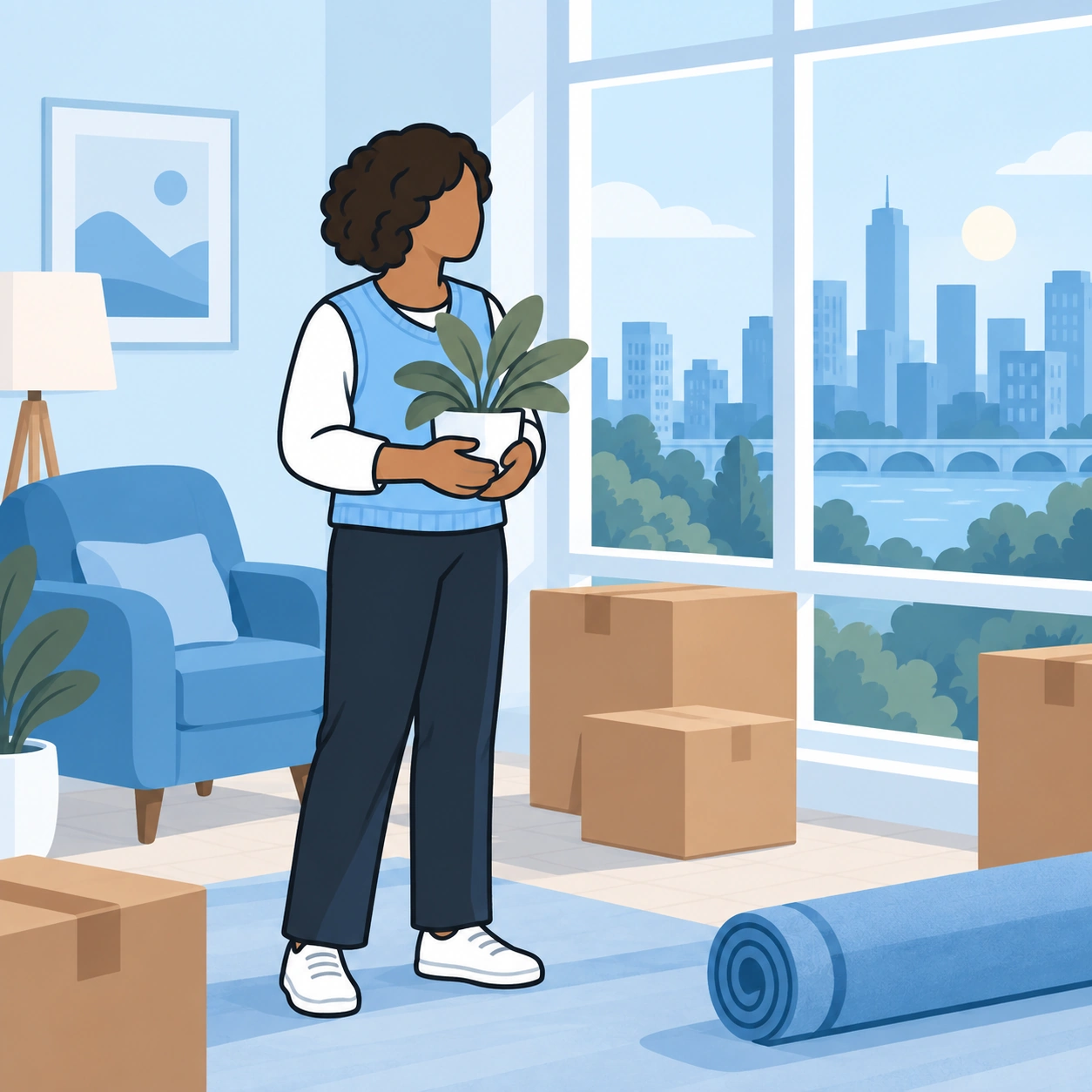 A newcomer holds a plant among boxes in her new city apartment.