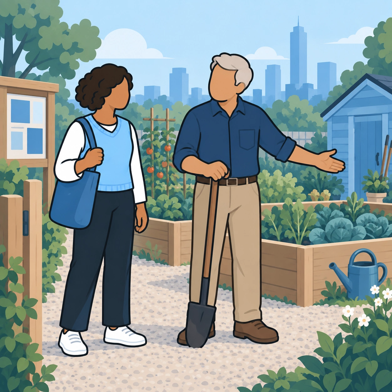 An older gardener welcomes her to a community garden.