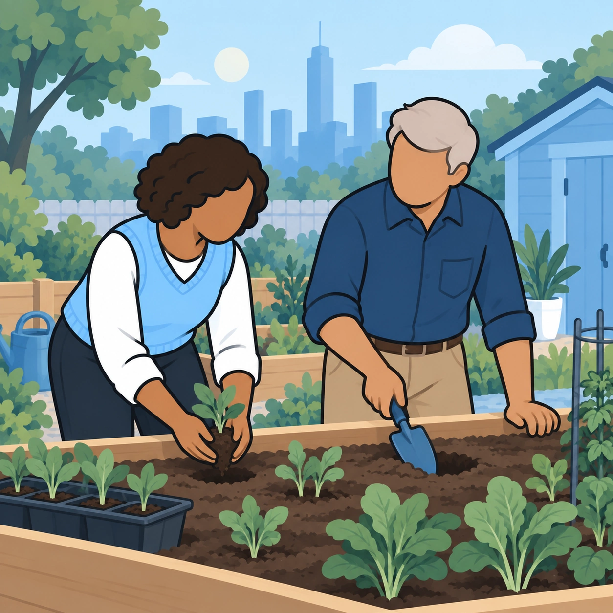 She and the gardener plant seedlings together during another visit.