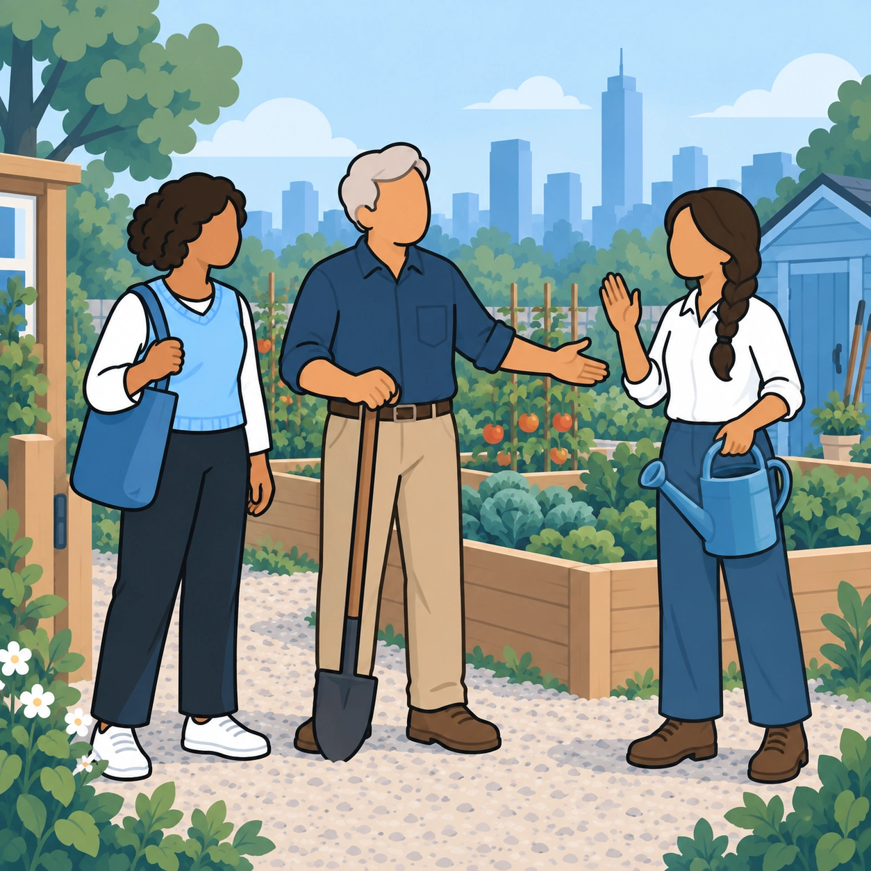 The gardener introduces the newcomer to another woman who helps in the garden.