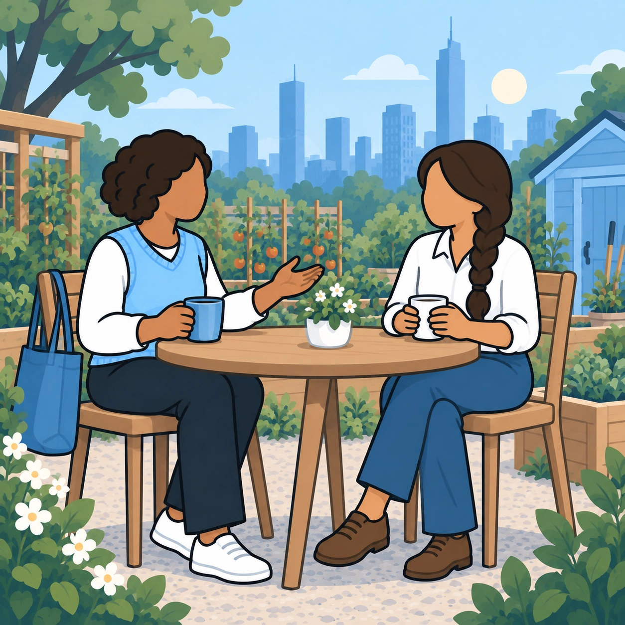 The newcomer and her new acquaintance share tea at a garden table.
