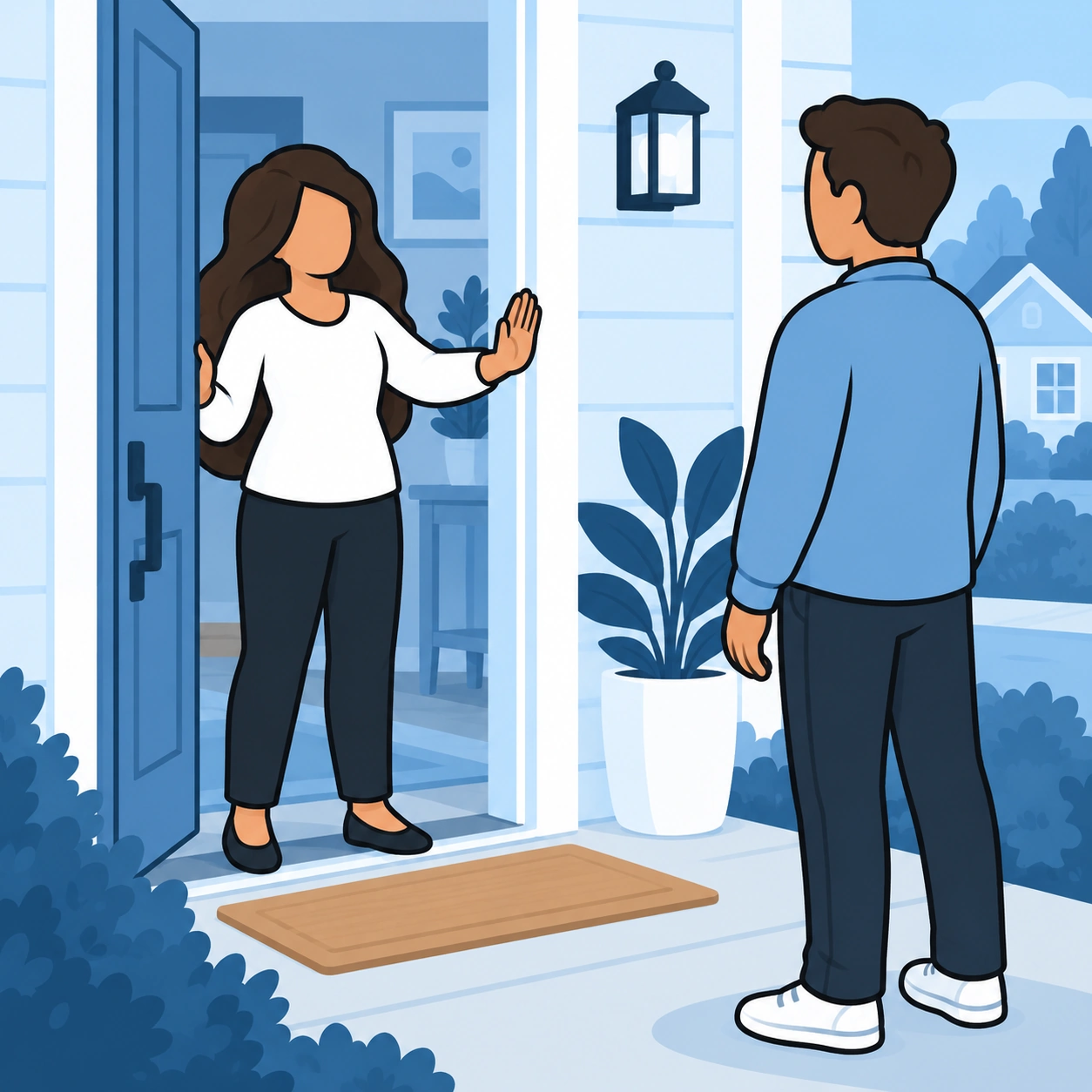 A woman gestures calmly from her doorway while a man stands outside.