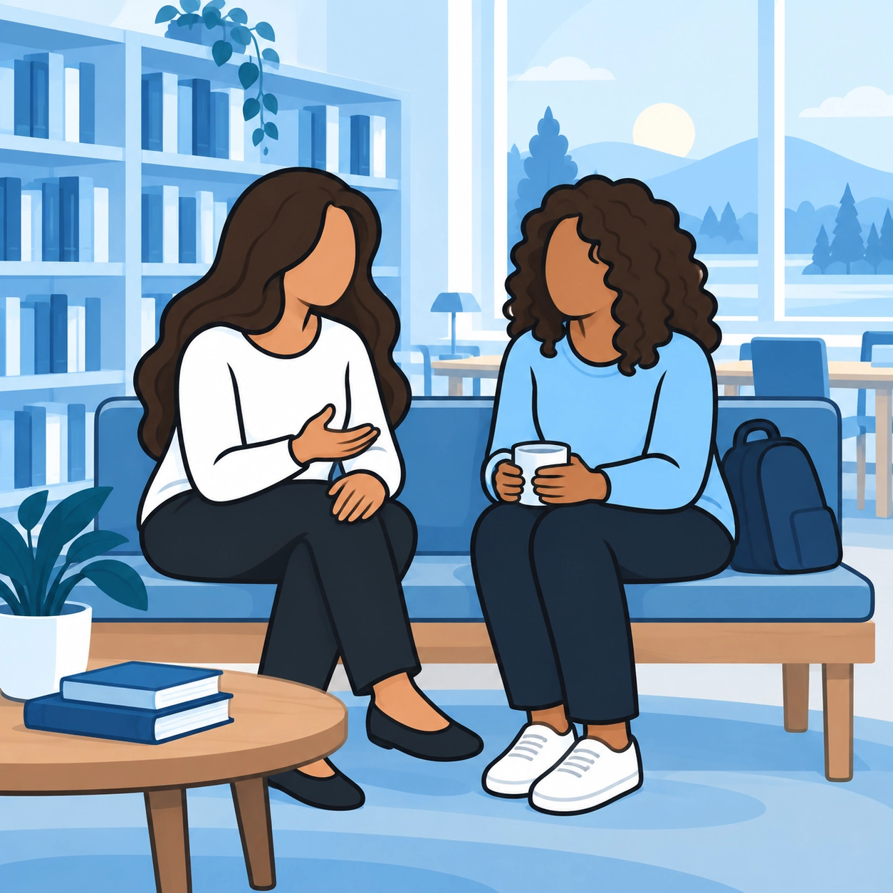 She talks with a curly-haired woman on a library bench.