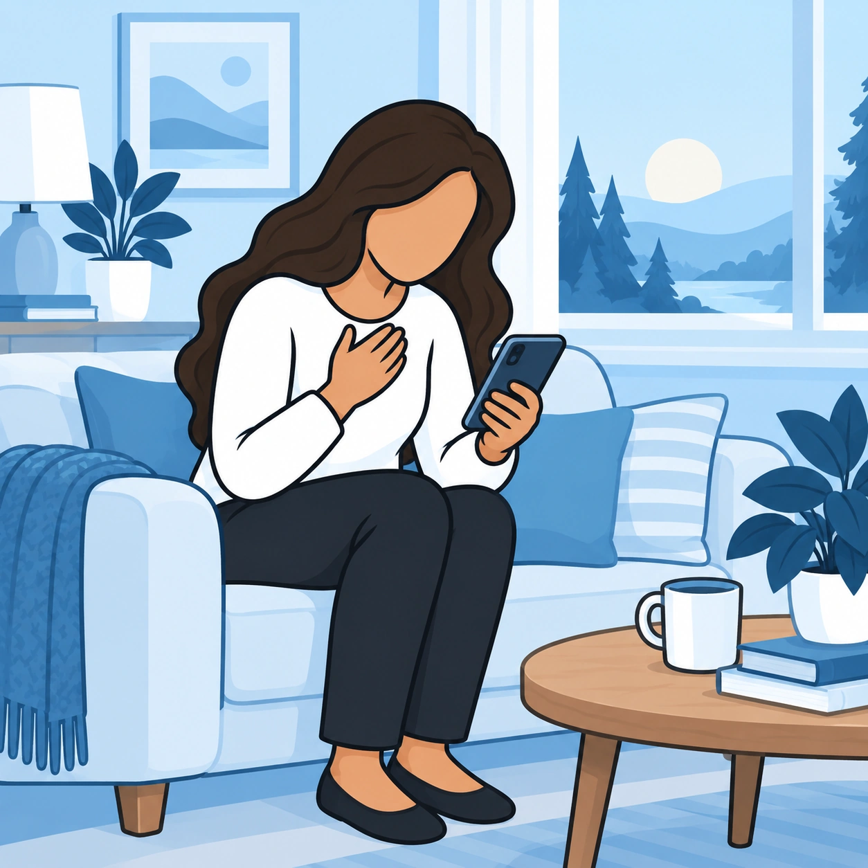 She sits at home looking at her phone with a hand on her chest.