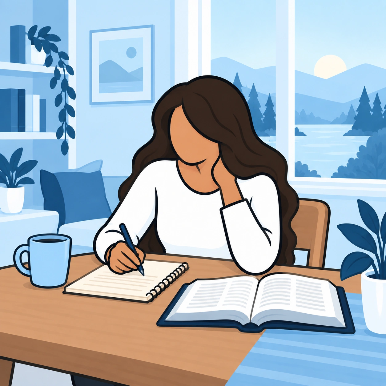 She writes in a notebook beside an open Bible.
