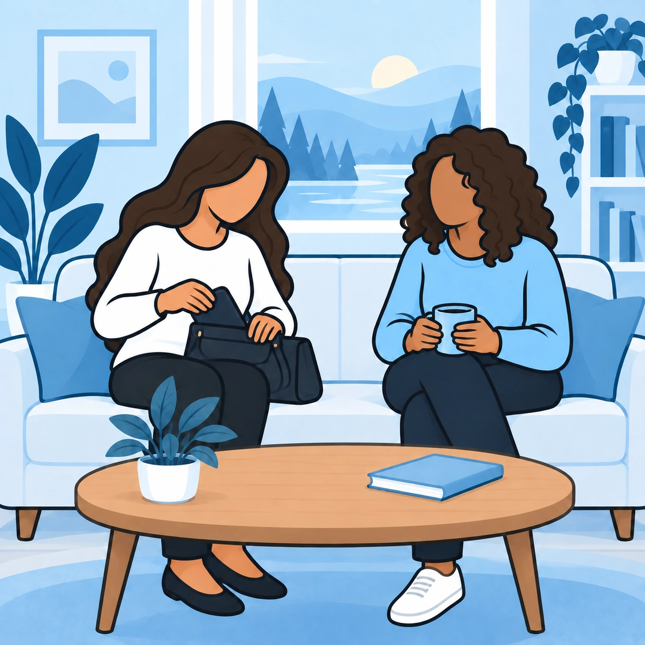 She puts her phone away while a friend sits nearby with a mug.