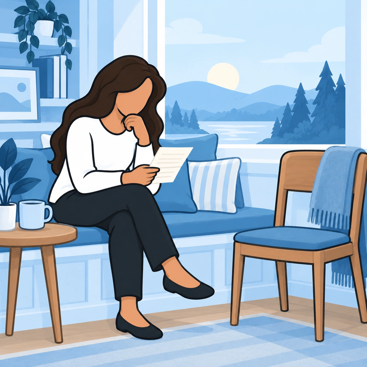A woman reads a letter on a window seat beside an empty chair.