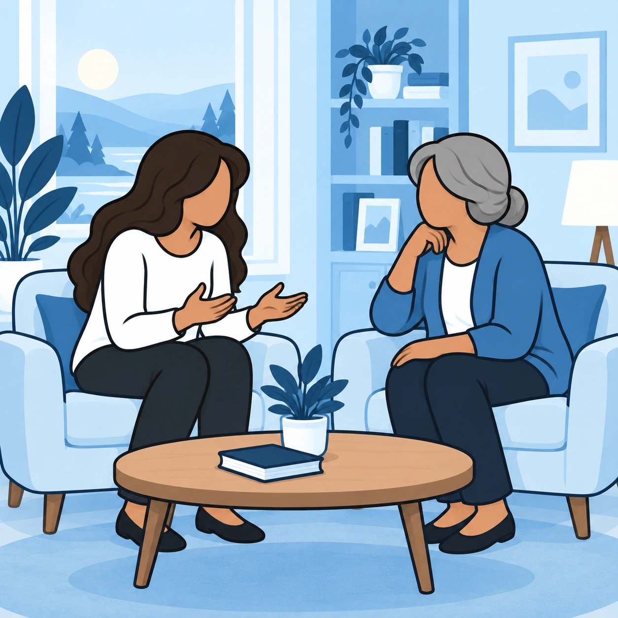 She speaks with an older woman in a quiet sitting room.