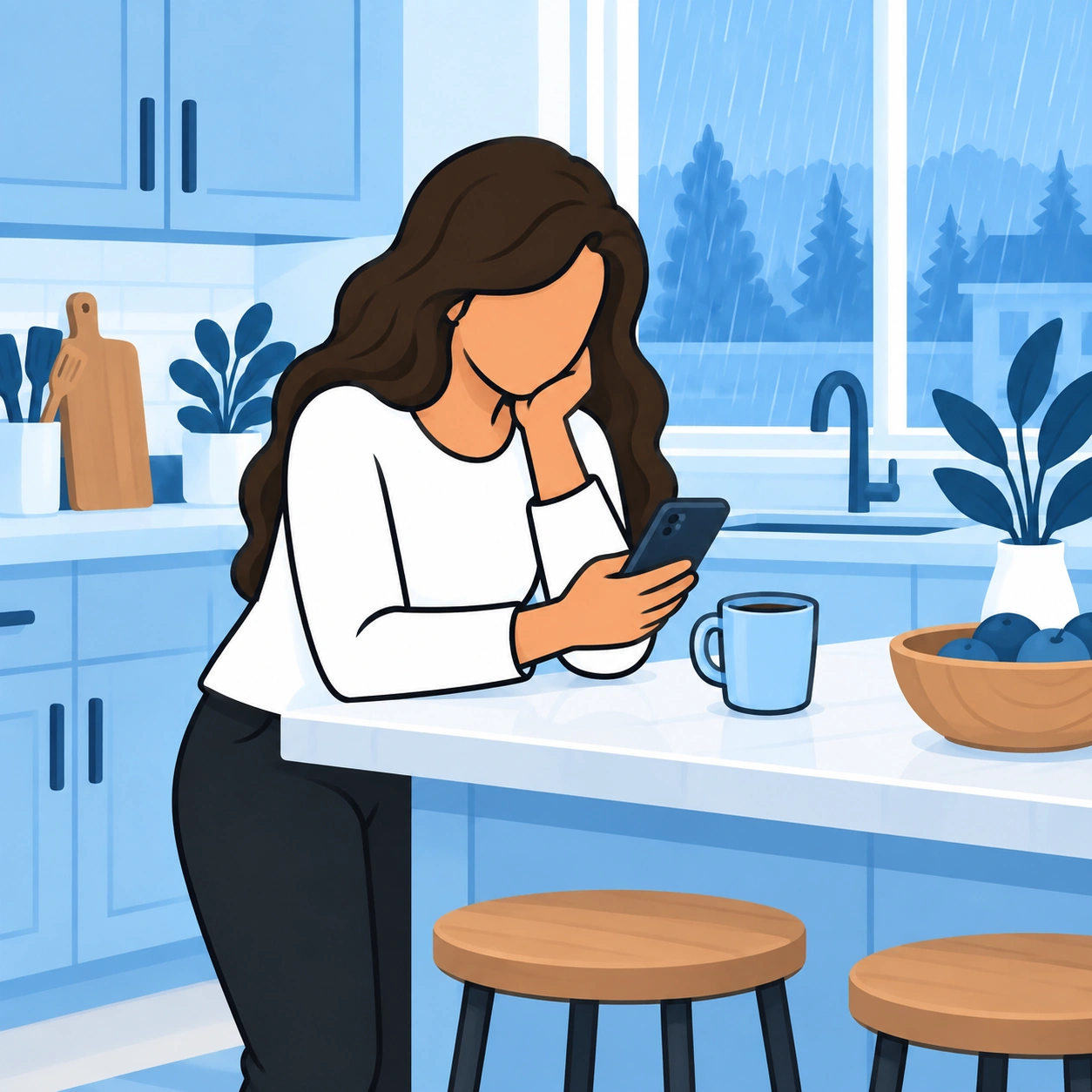 She looks at her phone beside a kitchen counter.