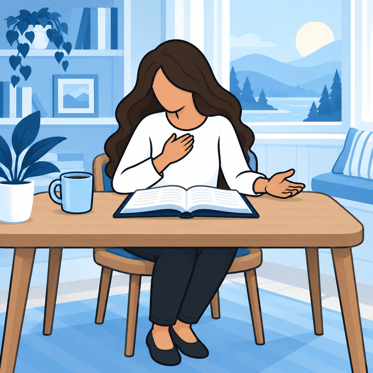 She sits with an open Bible and one hand open on the desk.