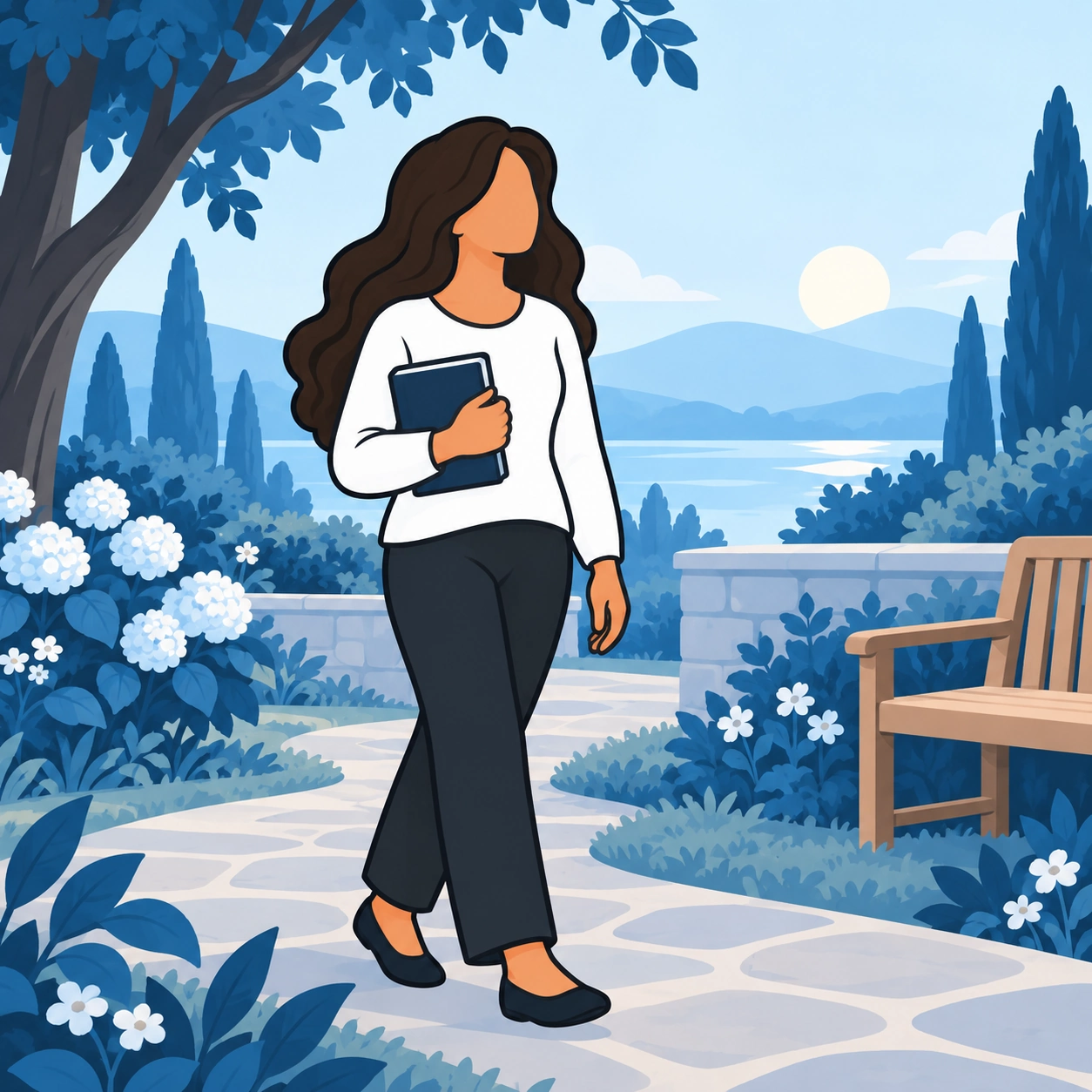 She walks through a garden holding a closed book.