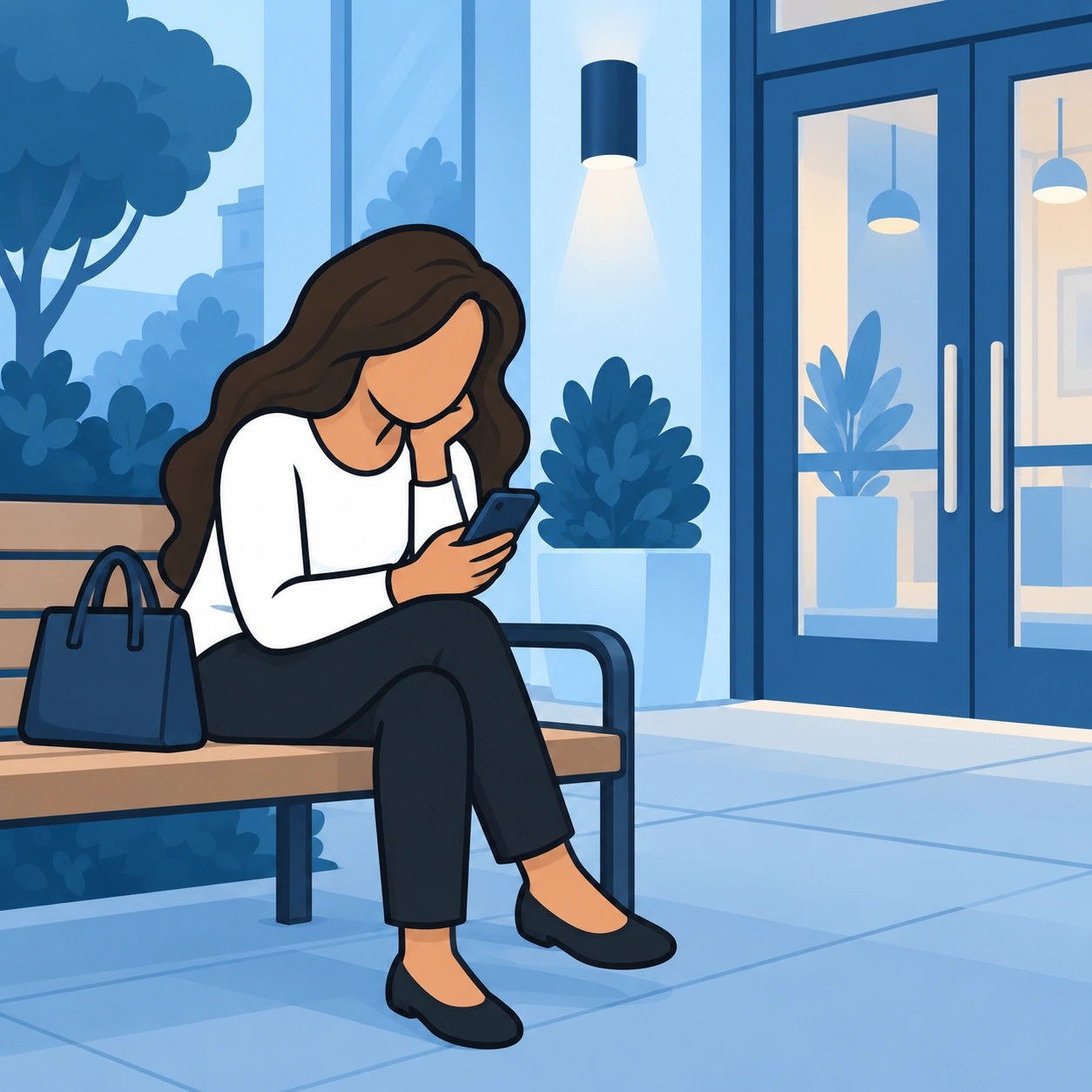 A woman waits alone outside a venue, looking at her phone.