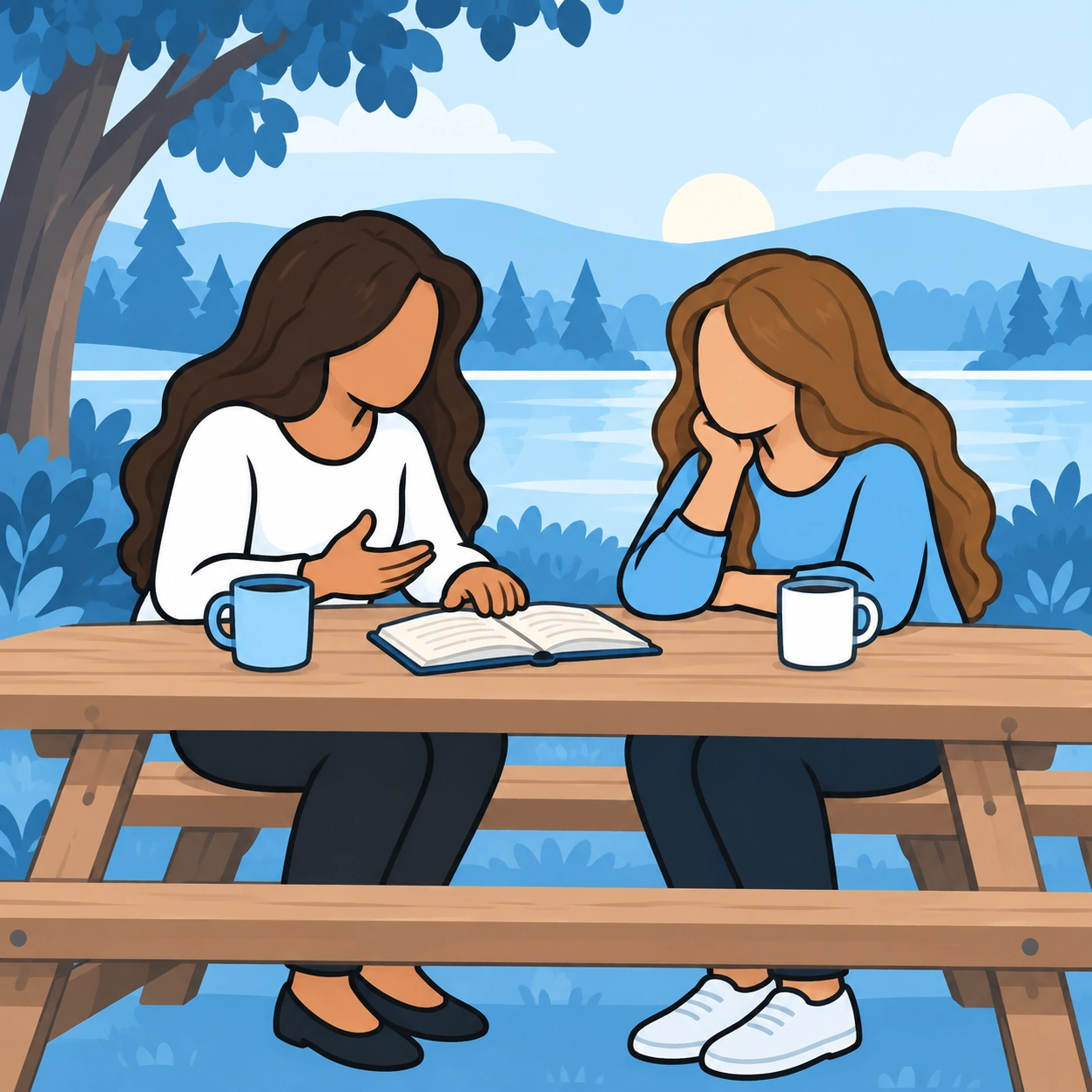 She talks with a long-haired friend at a picnic table.