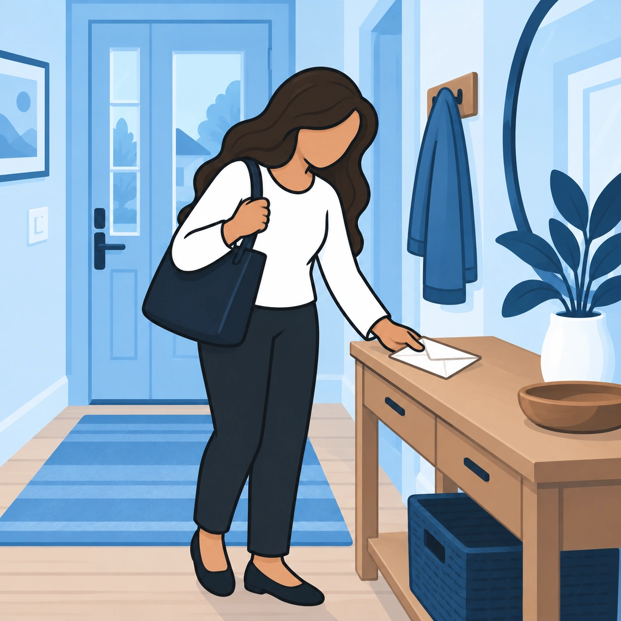 She sets an envelope down in her hallway while holding her bag.