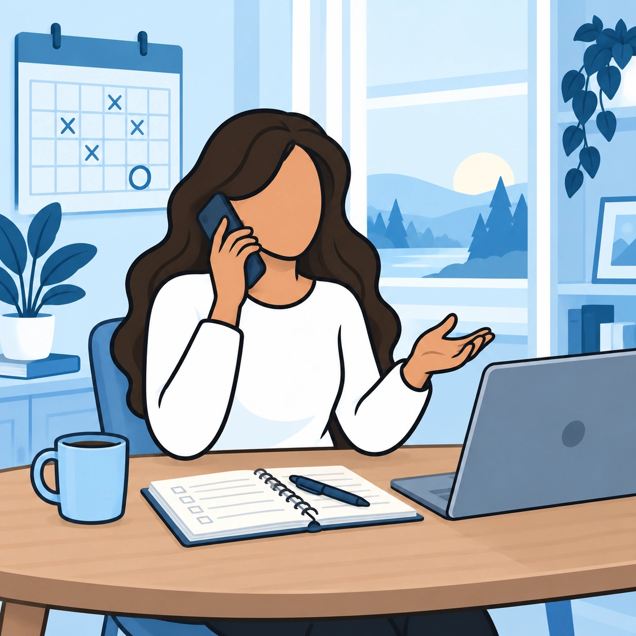 She makes a phone call beside her calendar and laptop.
