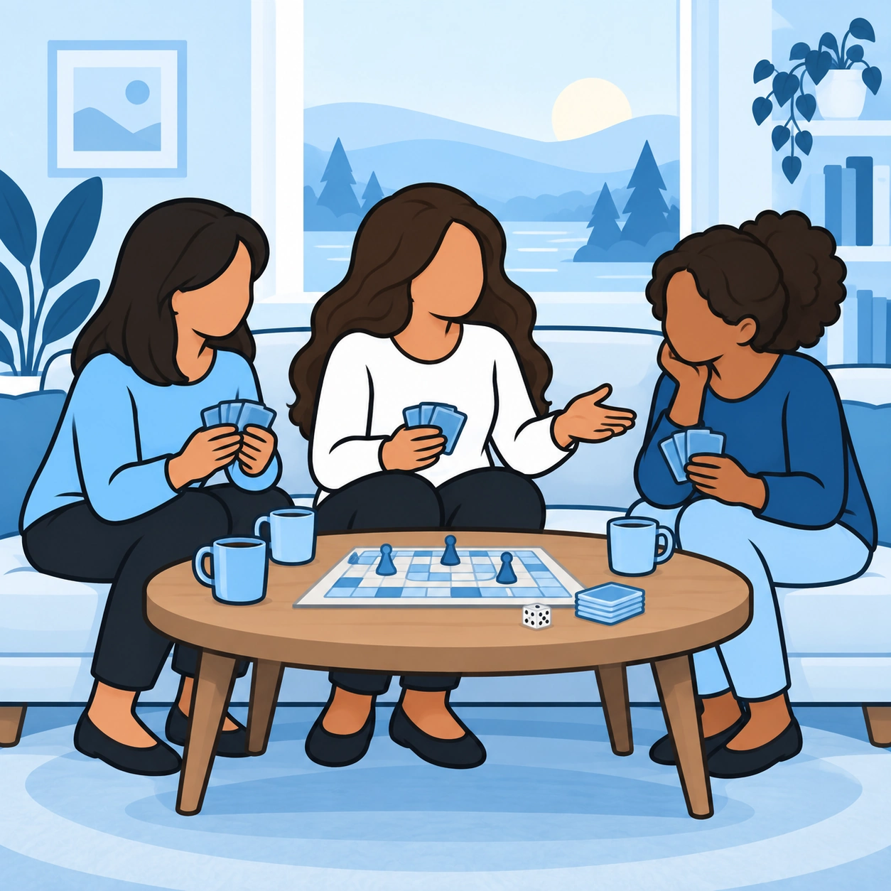 She plays a board game with two other friends.