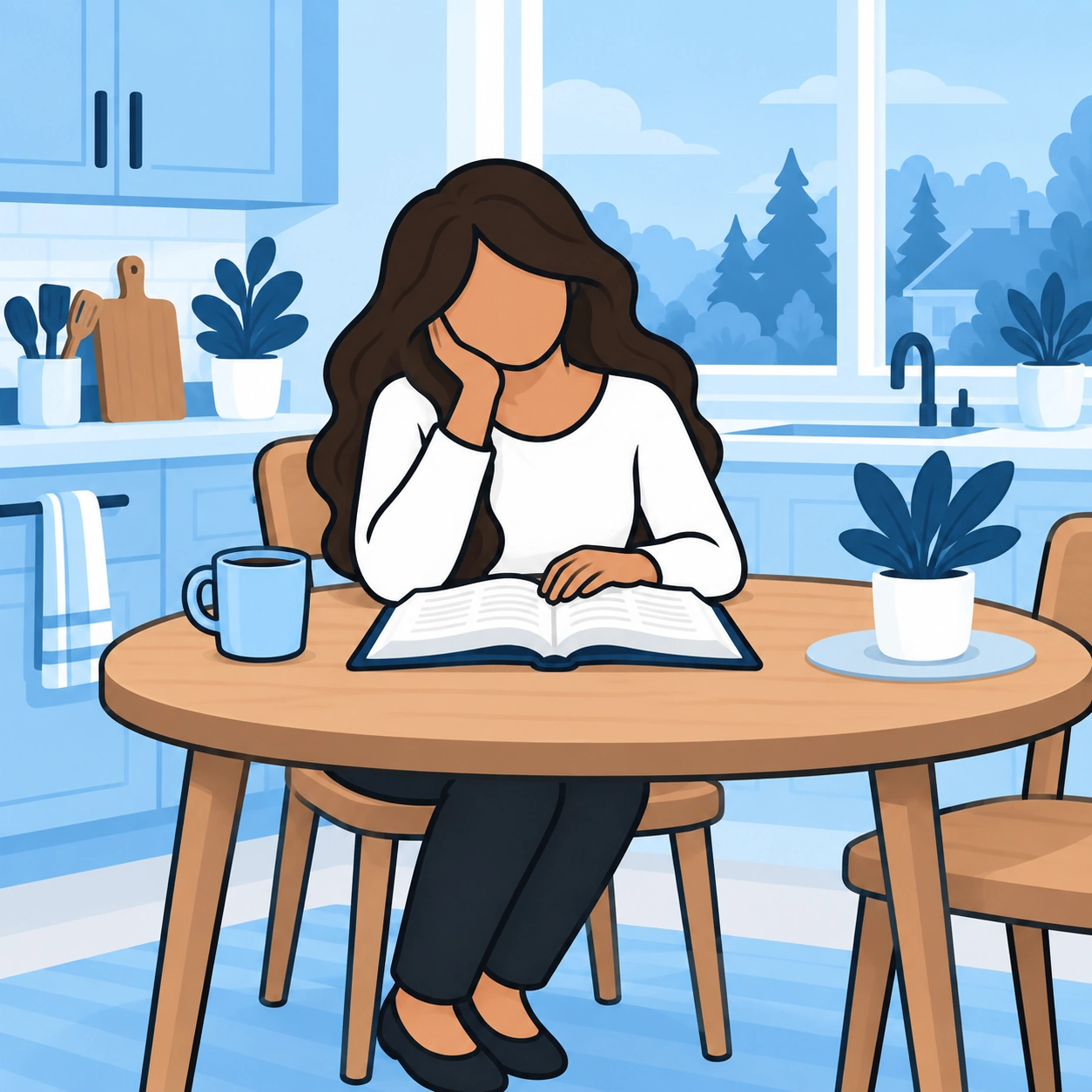 A woman sits at her kitchen table with an open Bible, looking uncertain.