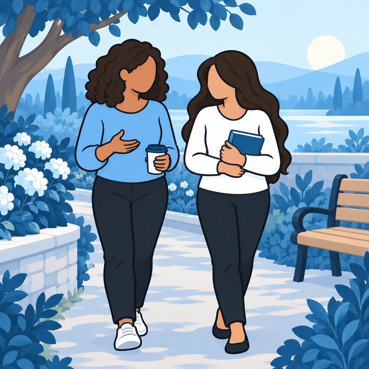 She walks and talks with another woman along a garden path.
