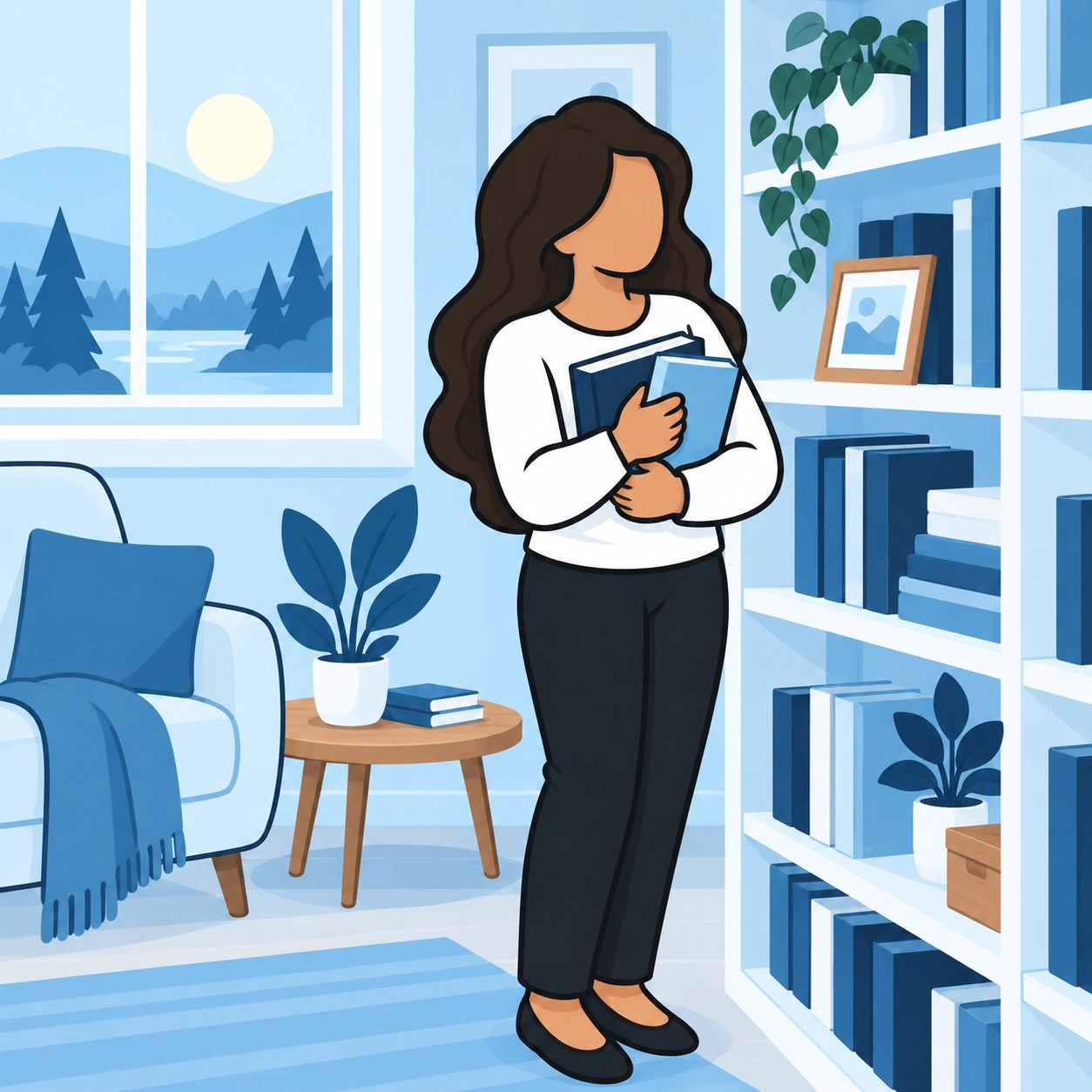 She stands beside a bookshelf holding two books close.