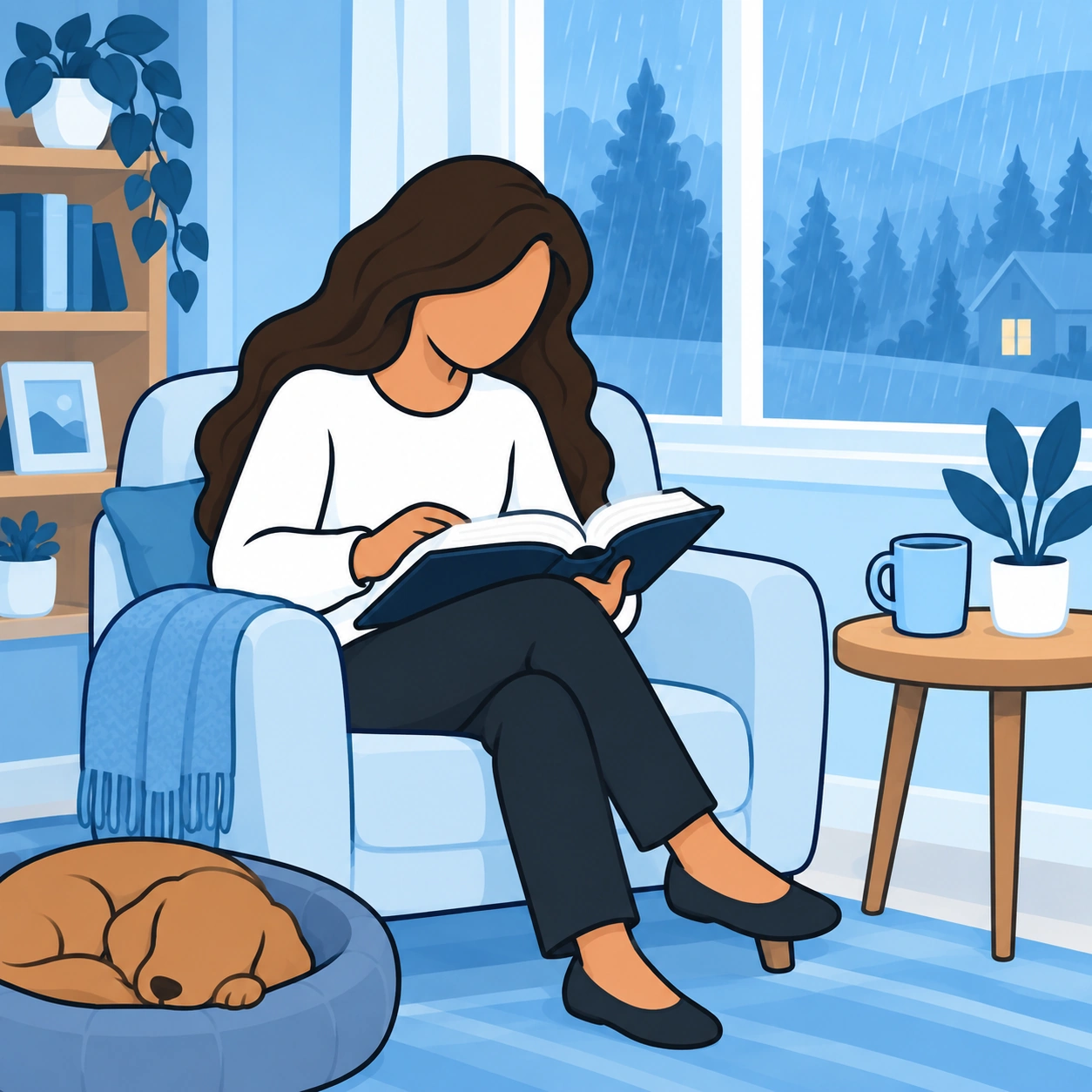 She reads an open Bible by the window.