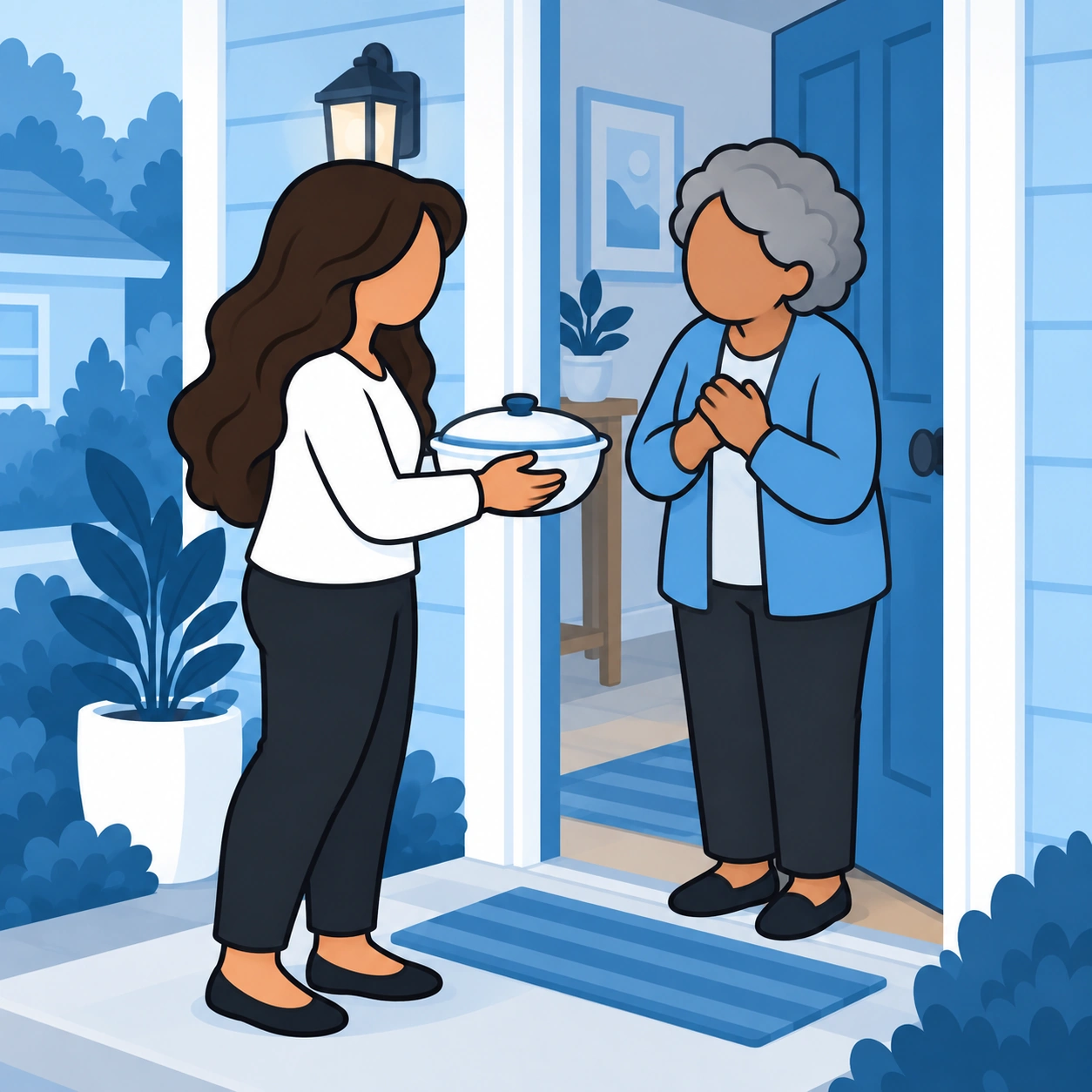 She brings a covered bowl to an older neighbor's doorway.