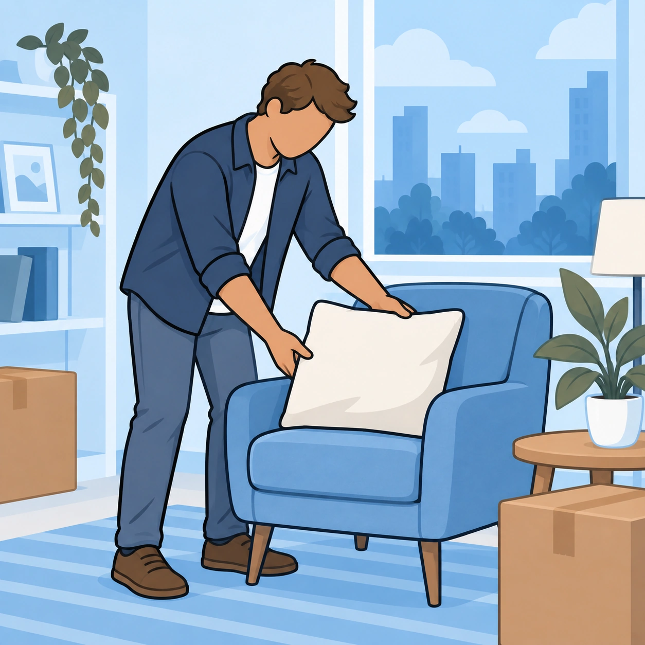 He makes his present room more comfortable by placing a cushion on an armchair.