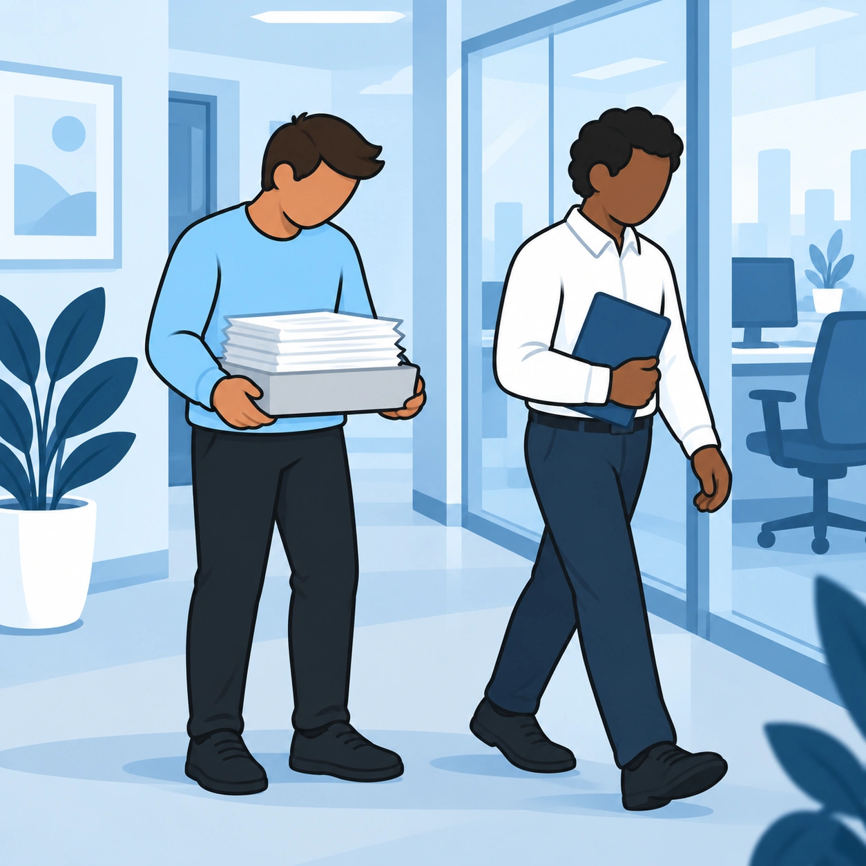A man holds a tray of papers while a coworker walks past.