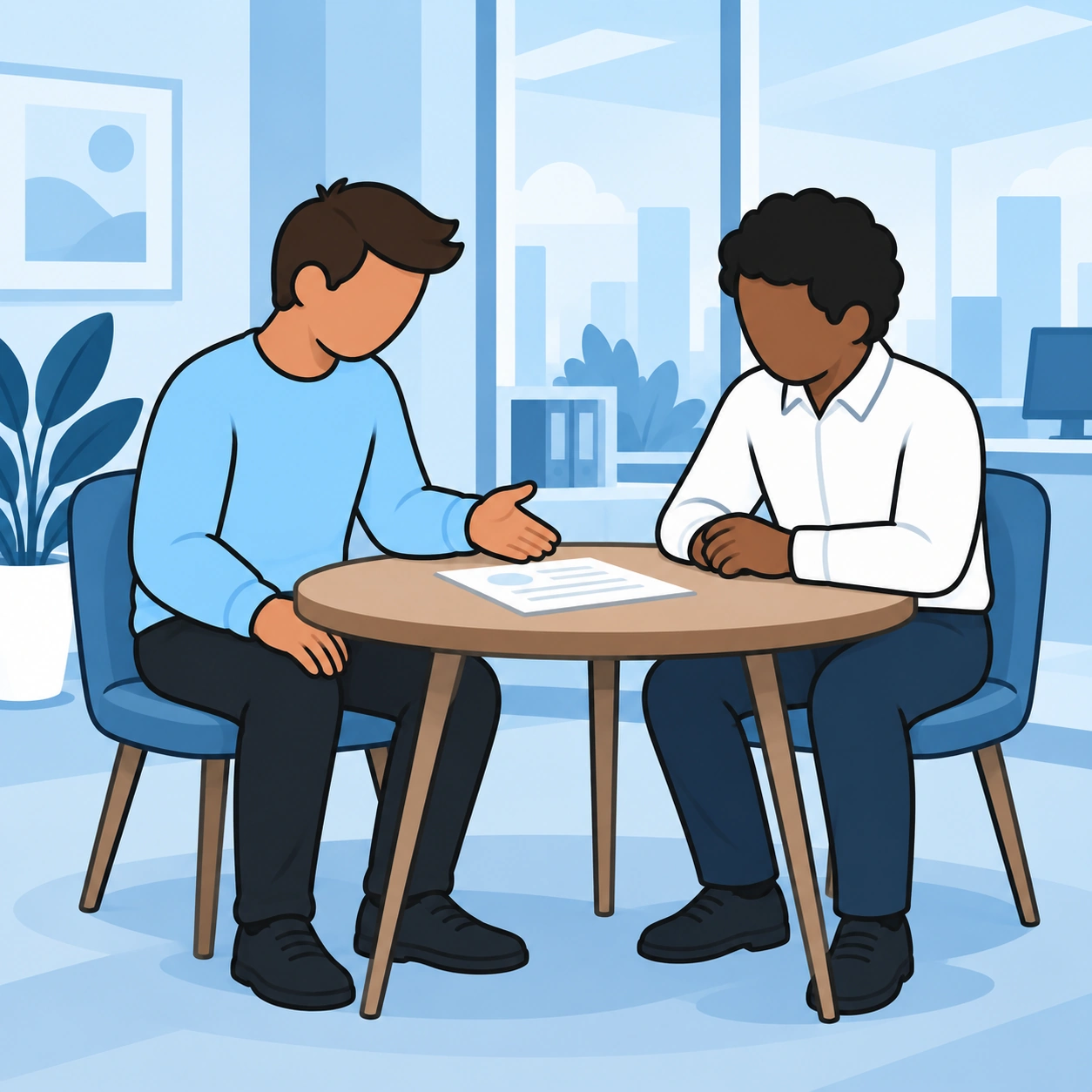 He speaks calmly with another man across a table.