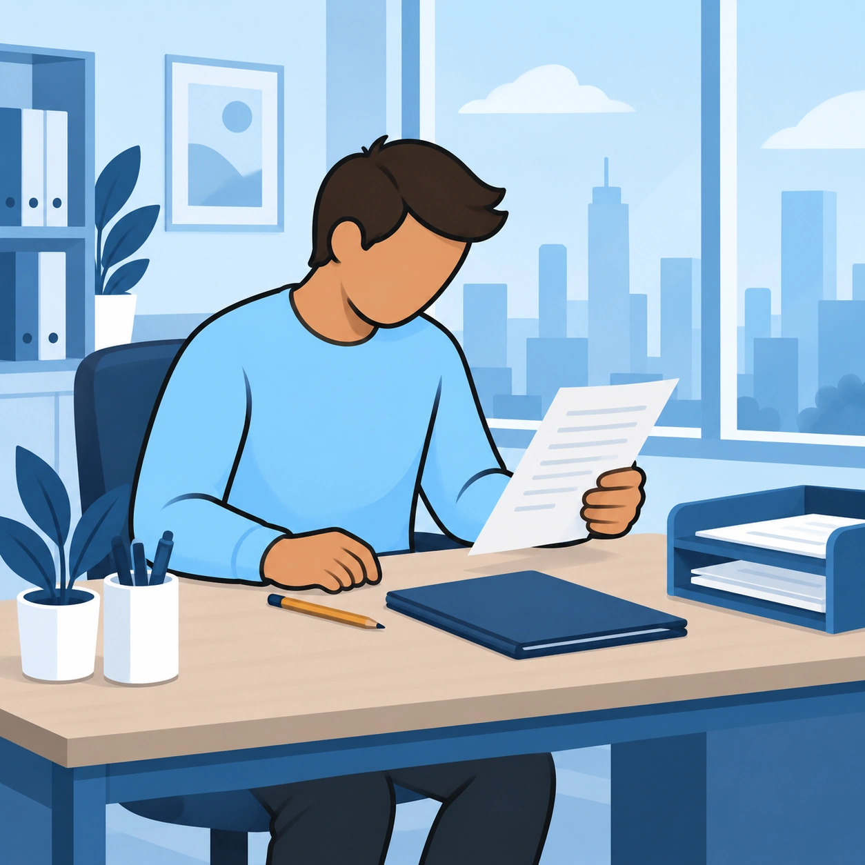 He reviews a document at his desk.
